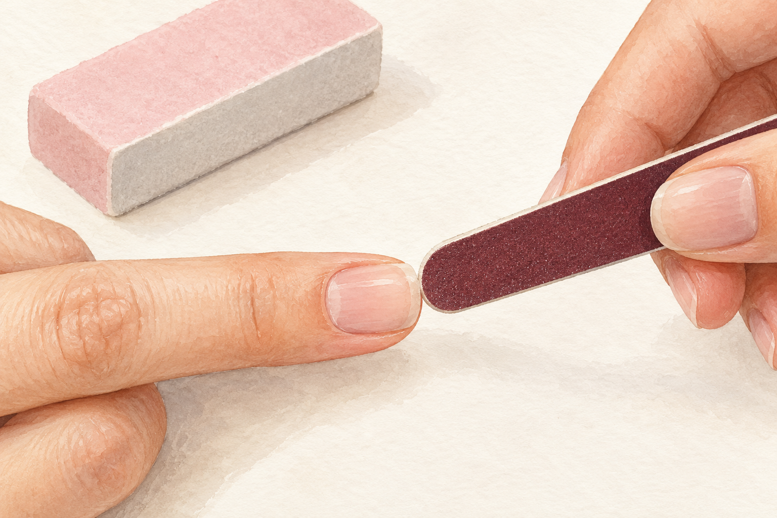 A fine file shapes the distal free tip of a short bare nail; a buffer rests nearby.
