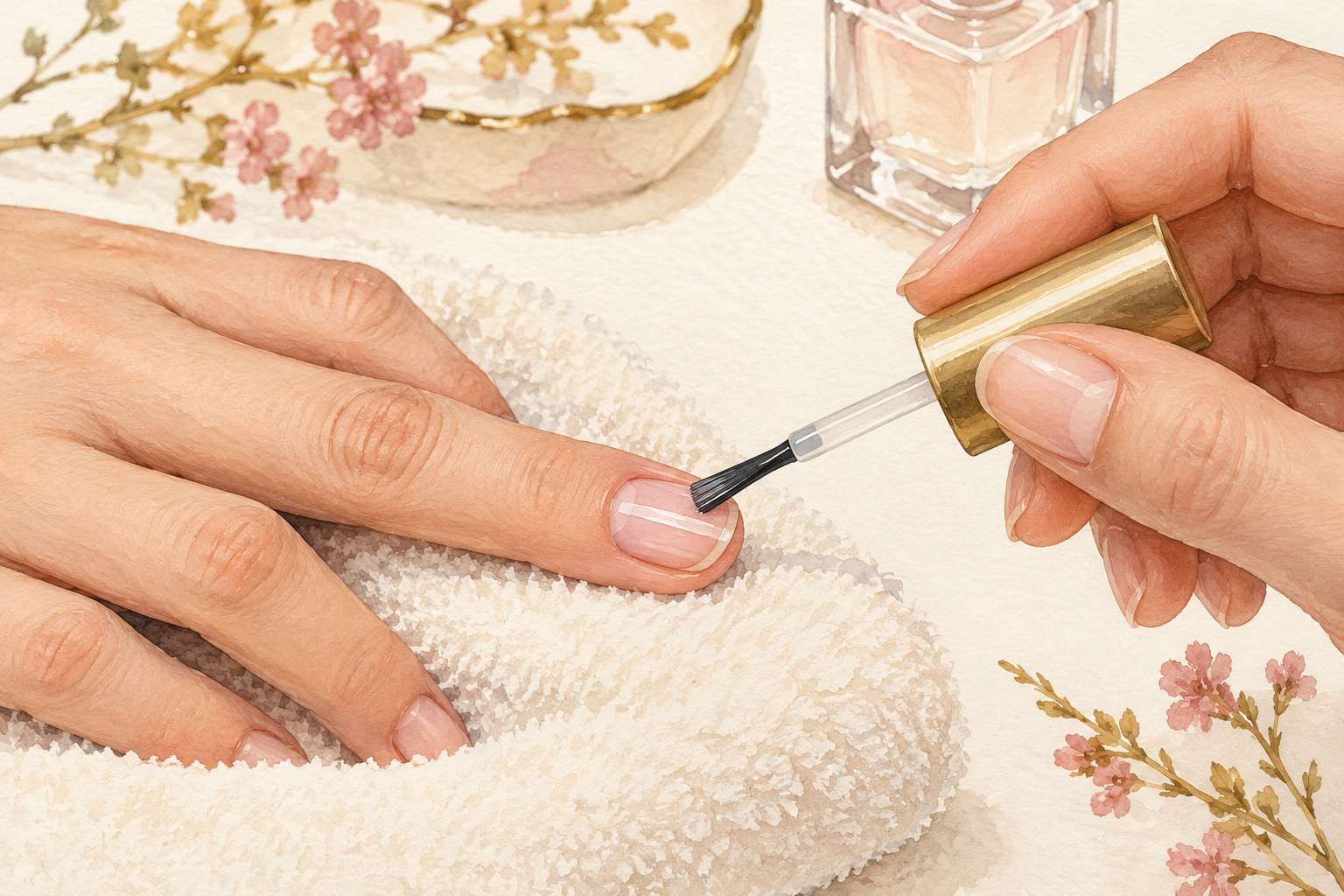A brush lays a thin clear base coat on a bare nail.