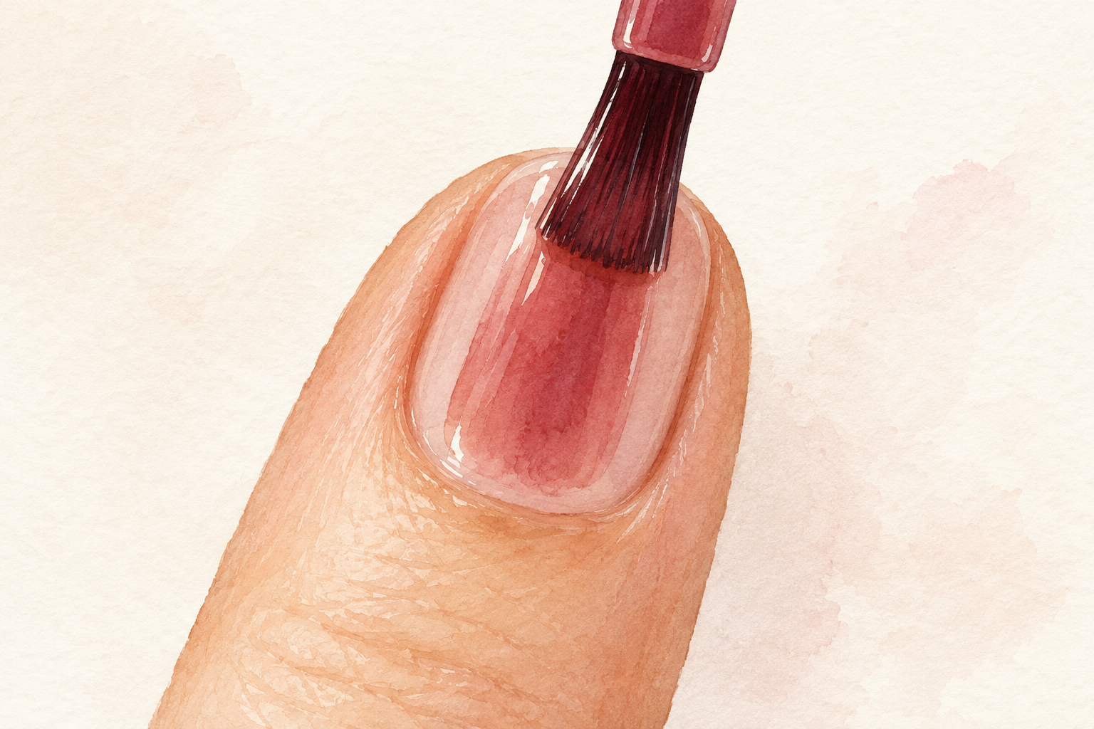 A polish brush lays a cherry-colored stripe down the center of a natural nail.