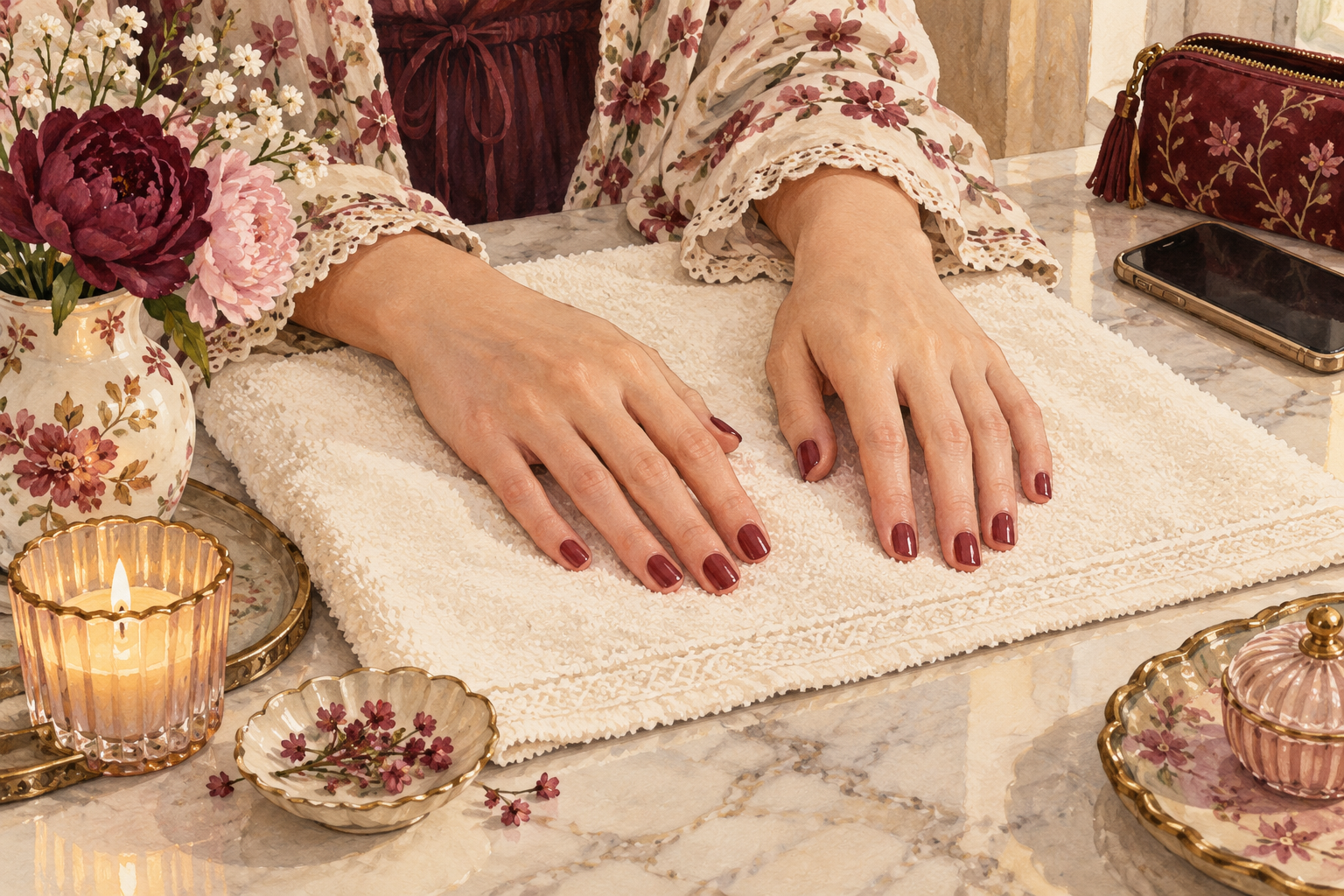 Glossy cherry nails rest untouched on a towel.