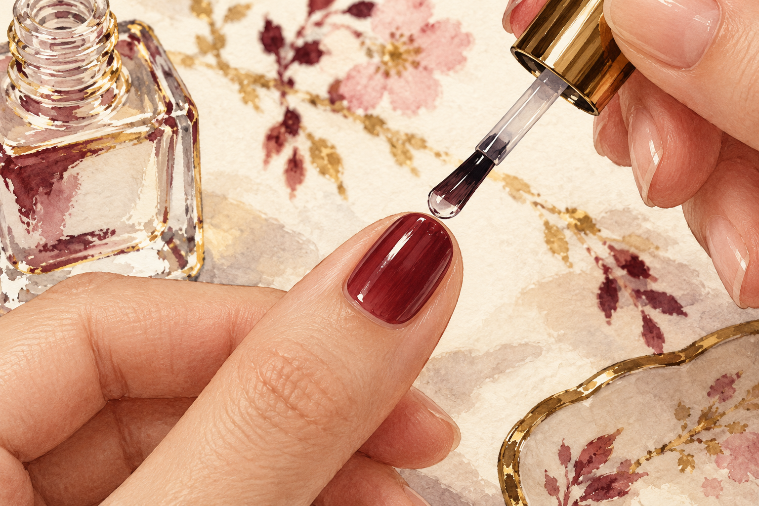 A topcoat brush with a small clear bead hovers above a cherry-polished nail.
