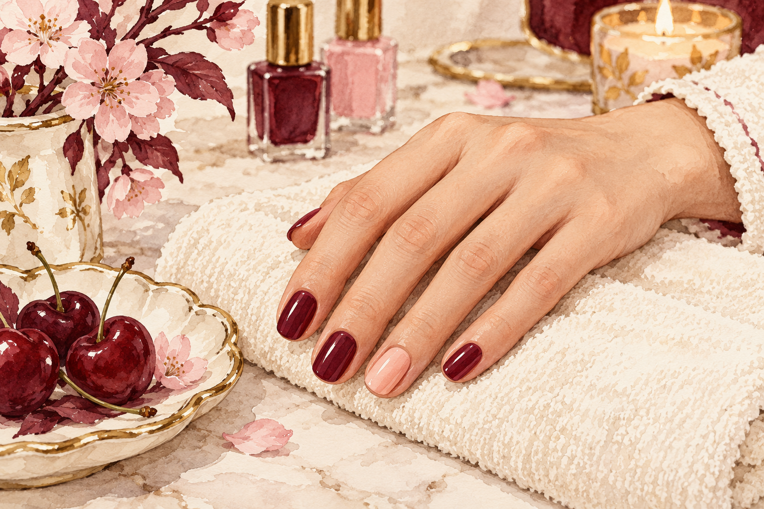 A hand shows cherry nails with one pale peach accent.