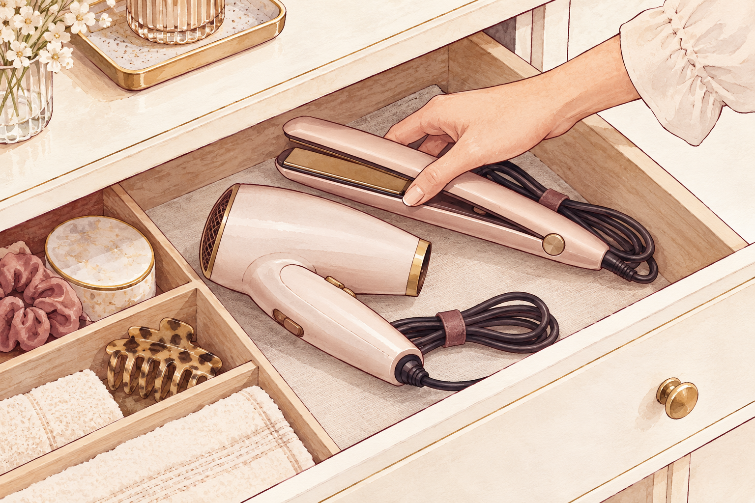 A hand places a flat iron in an open drawer beside a hair dryer with bundled cords.