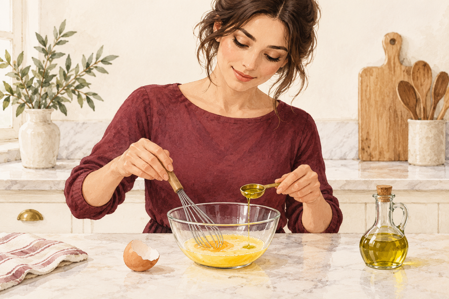 A woman whisks egg with olive oil in a small glass bowl.