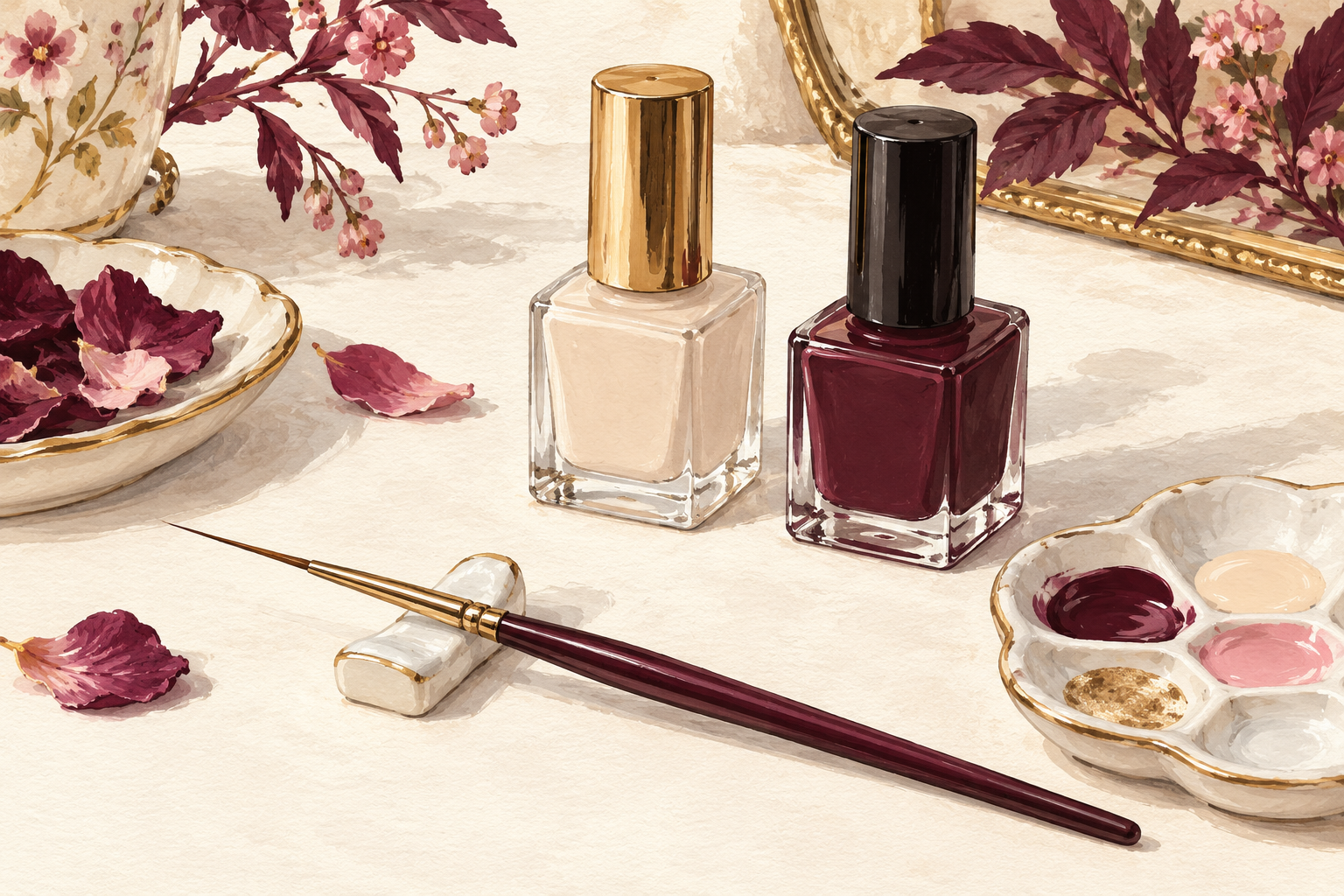 A long-bristle striping brush, cream and black polish, and a palette sit on a tray.