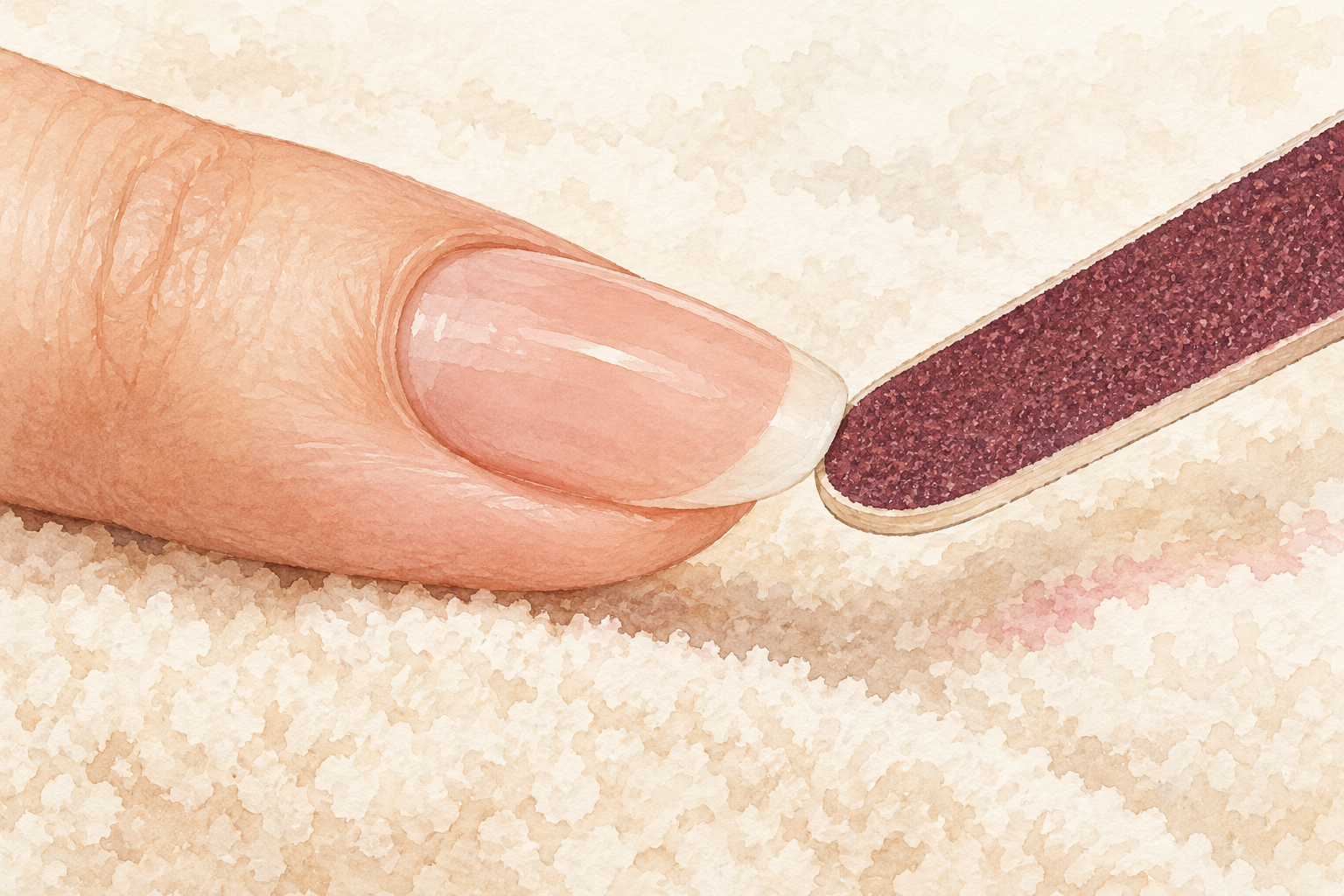 A fine file touches the distal edge of a short bare nail.