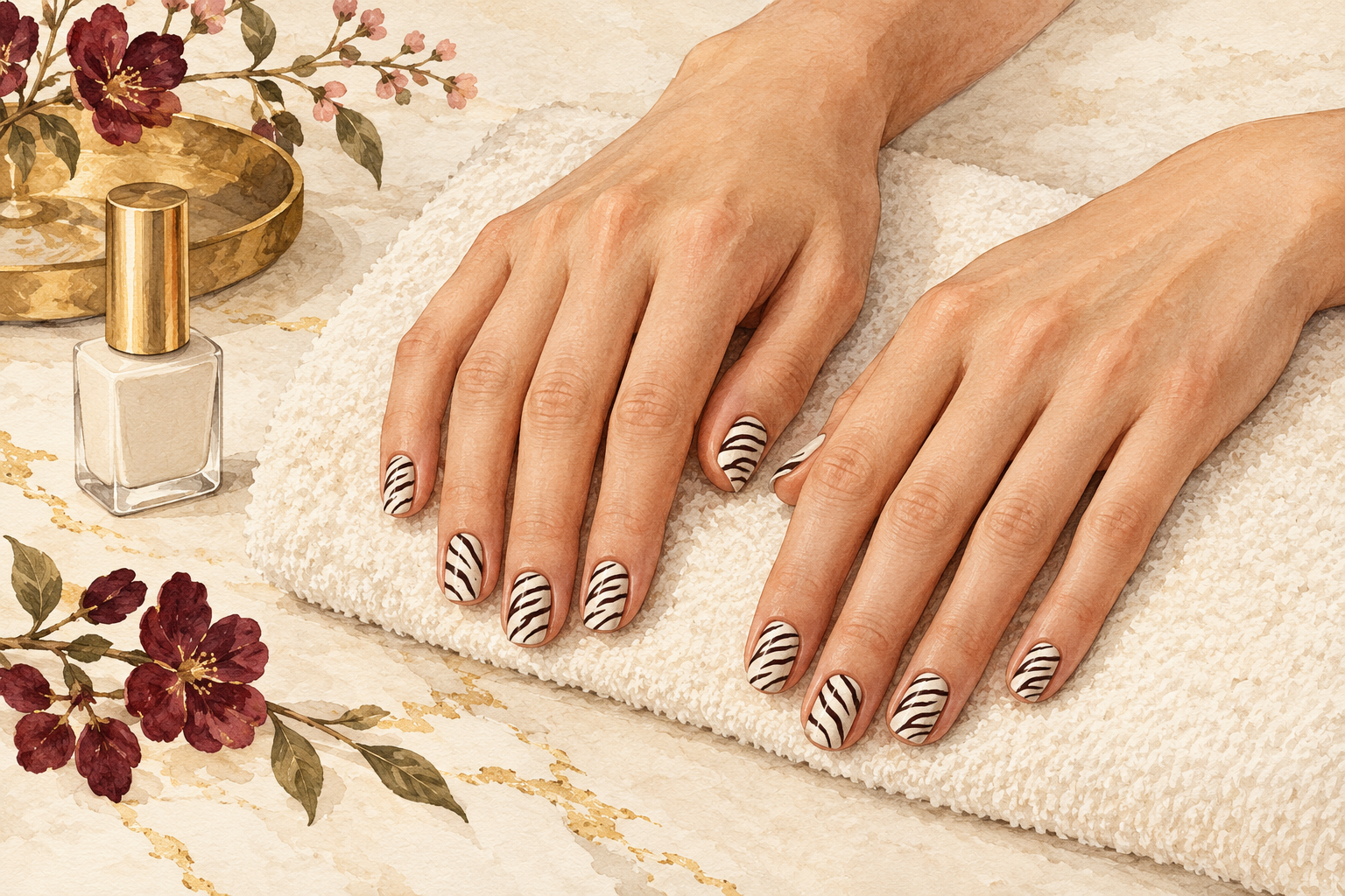 Zebra nails rest untouched on a towel.