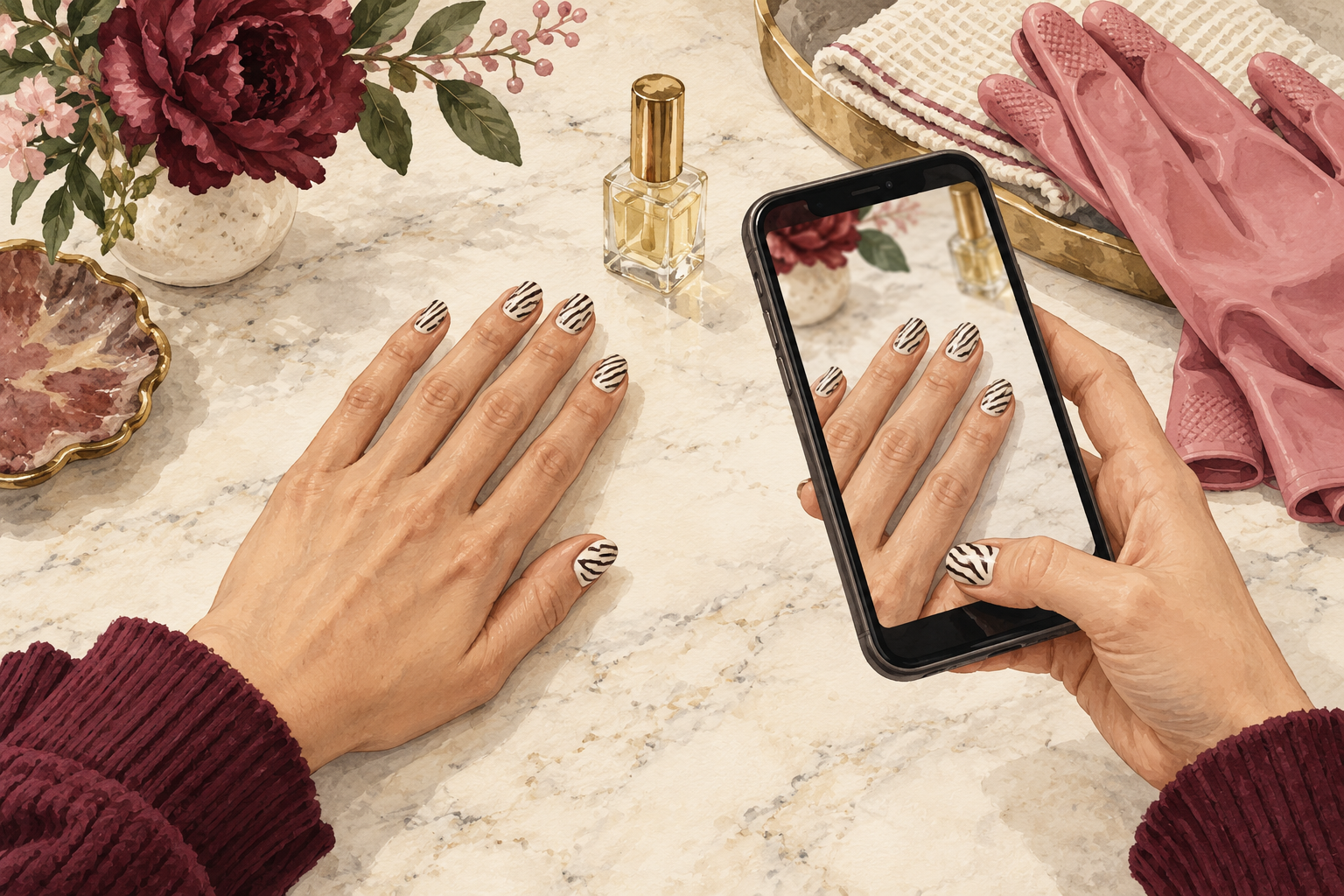 A phone records a zebra manicure beside chore gloves.