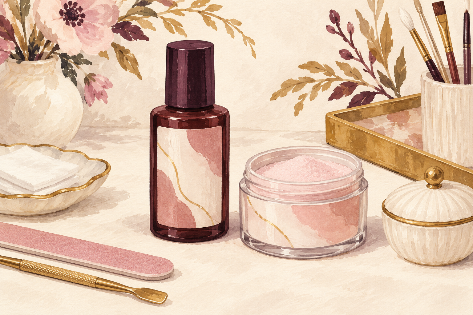 A plain acrylic liquid bottle sits beside powder and a lidded dish.