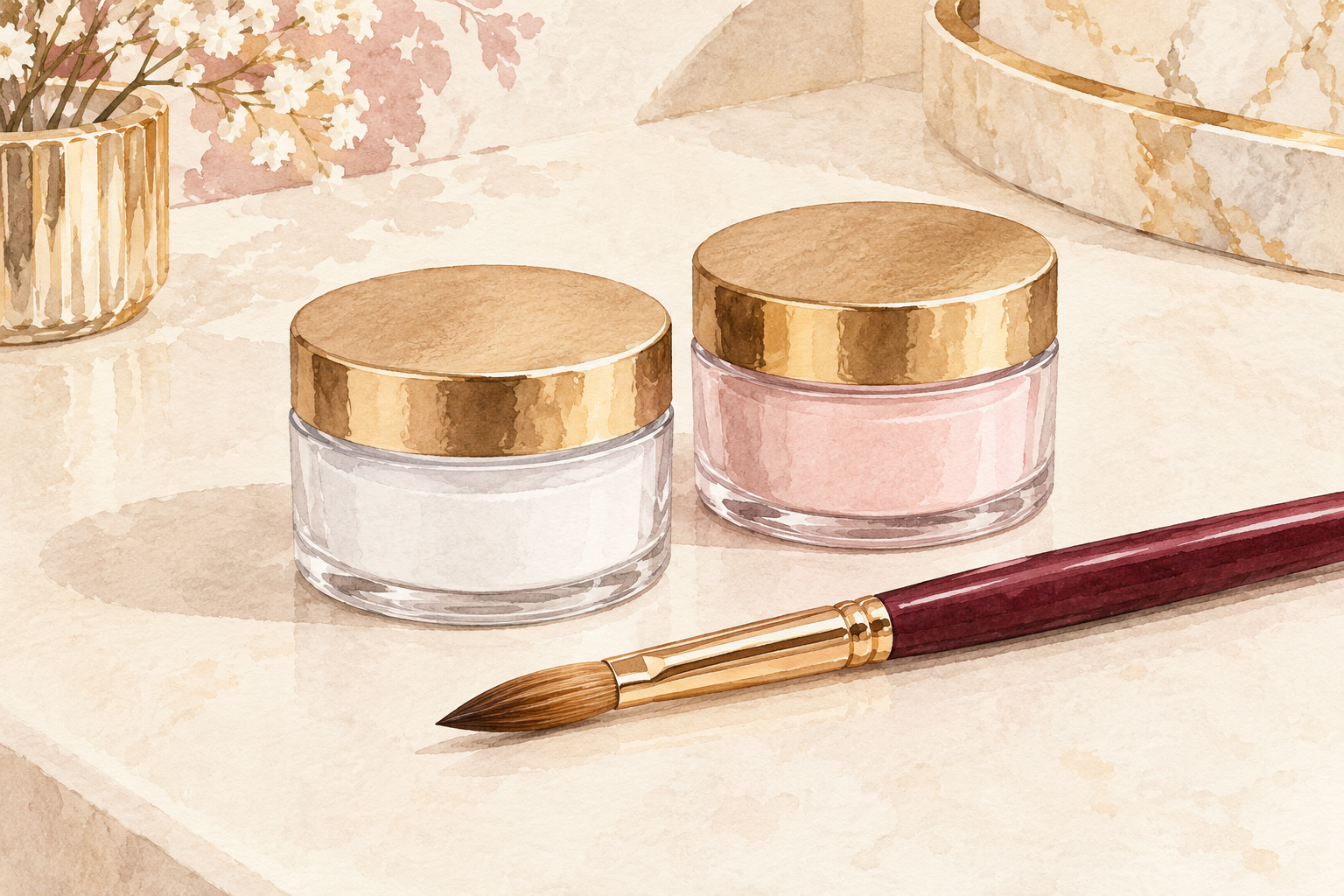 Two closed powder jars sit beside an acrylic brush.