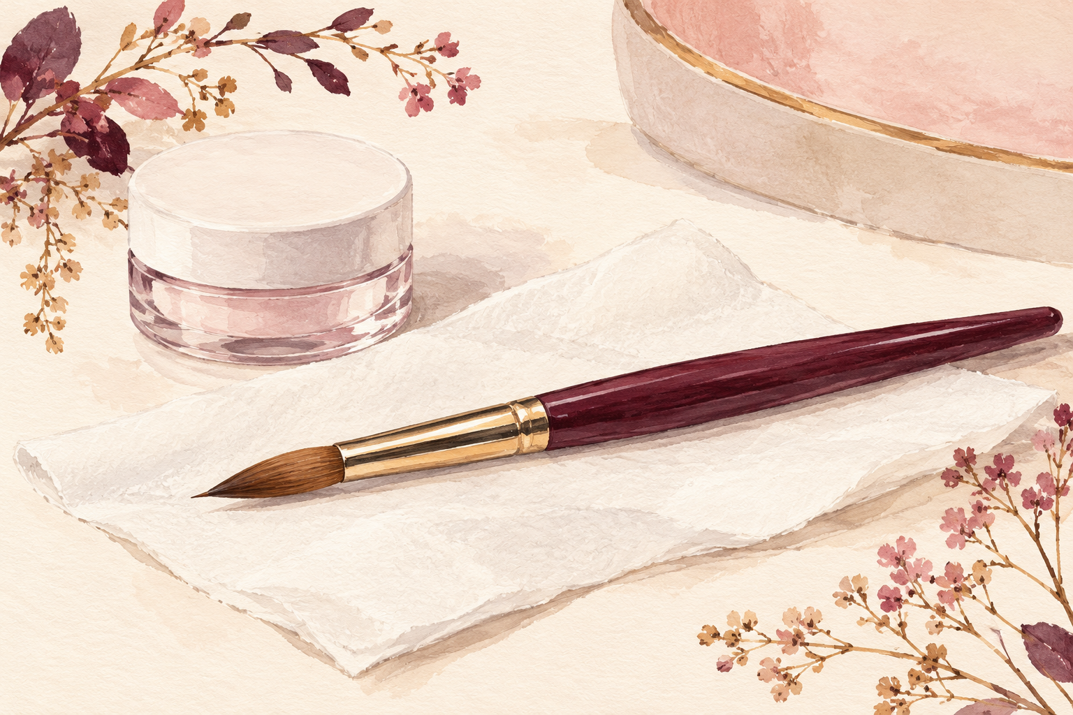 A pointed acrylic brush rests flat on a clean tissue.