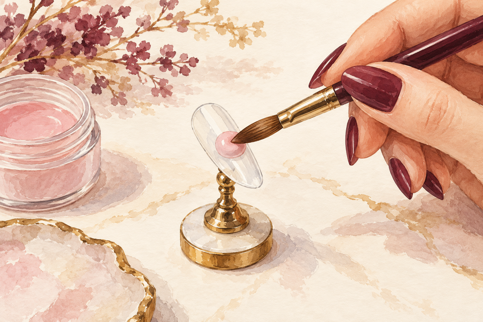 A brush shapes a small pink bead on a practice tip.