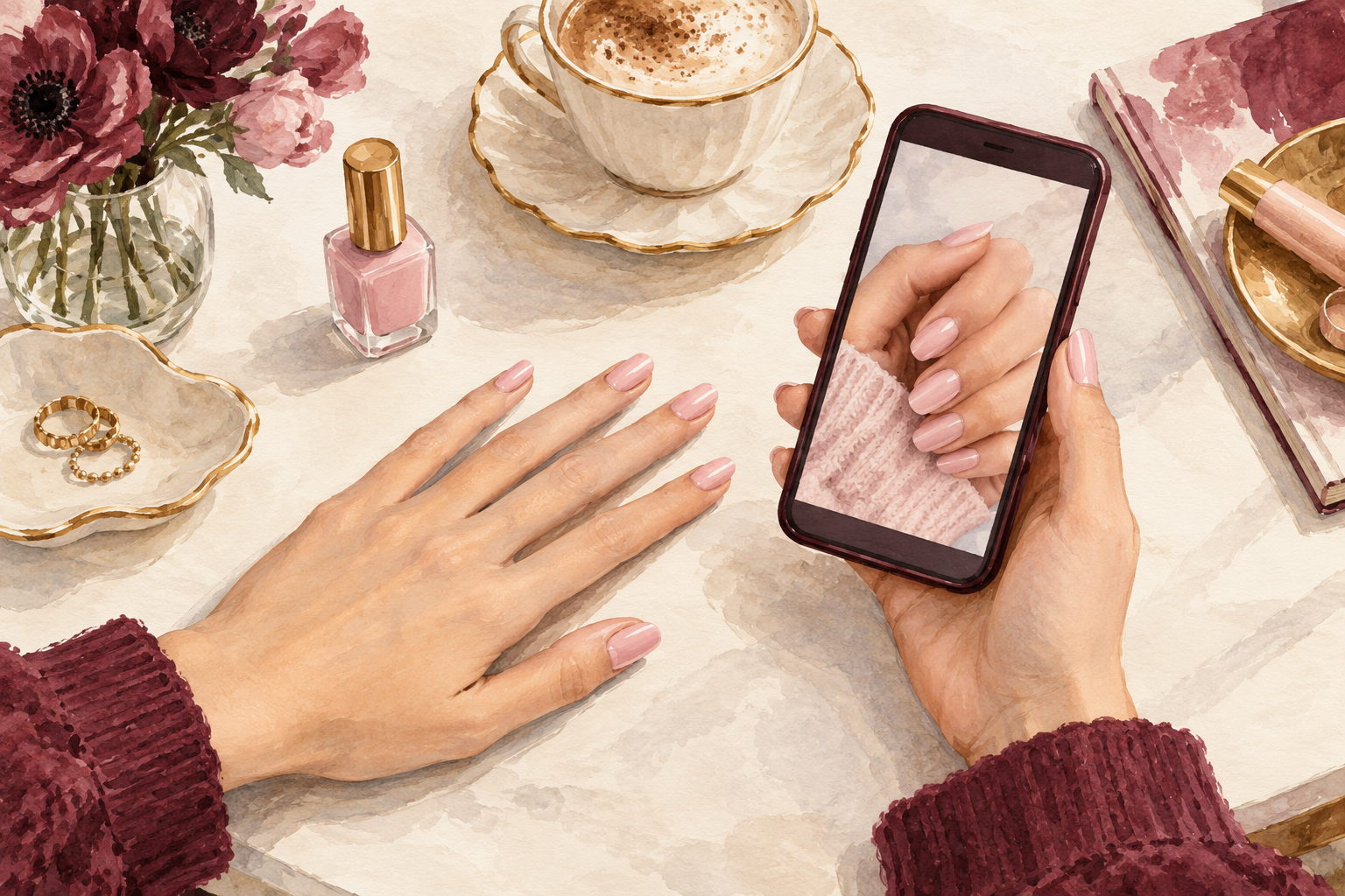 A phone records a short pale-pink acrylic manicure.