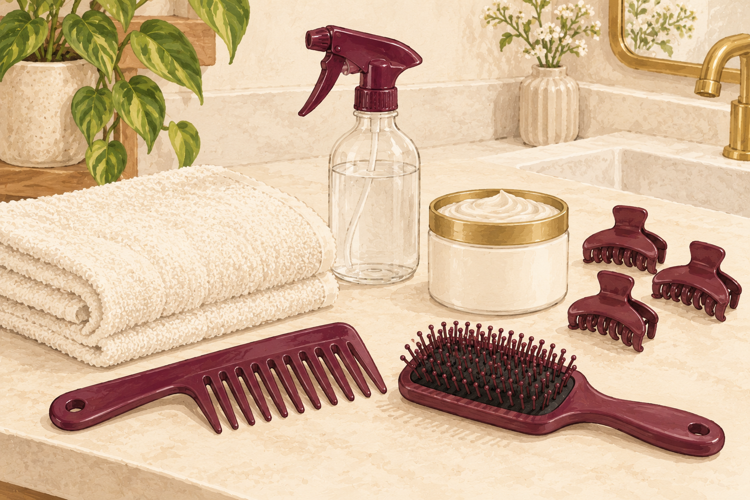 A wide-tooth comb, flexible paddle brush, hair clips, spray bottle, conditioner jar and folded towel arranged for a detangling wash day.