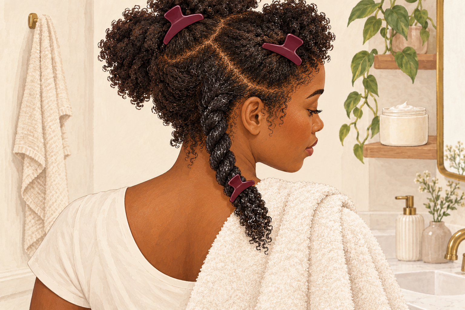 A detangled damp section of coily hair in a loose chunky twist, clipped over a towel-covered shoulder.