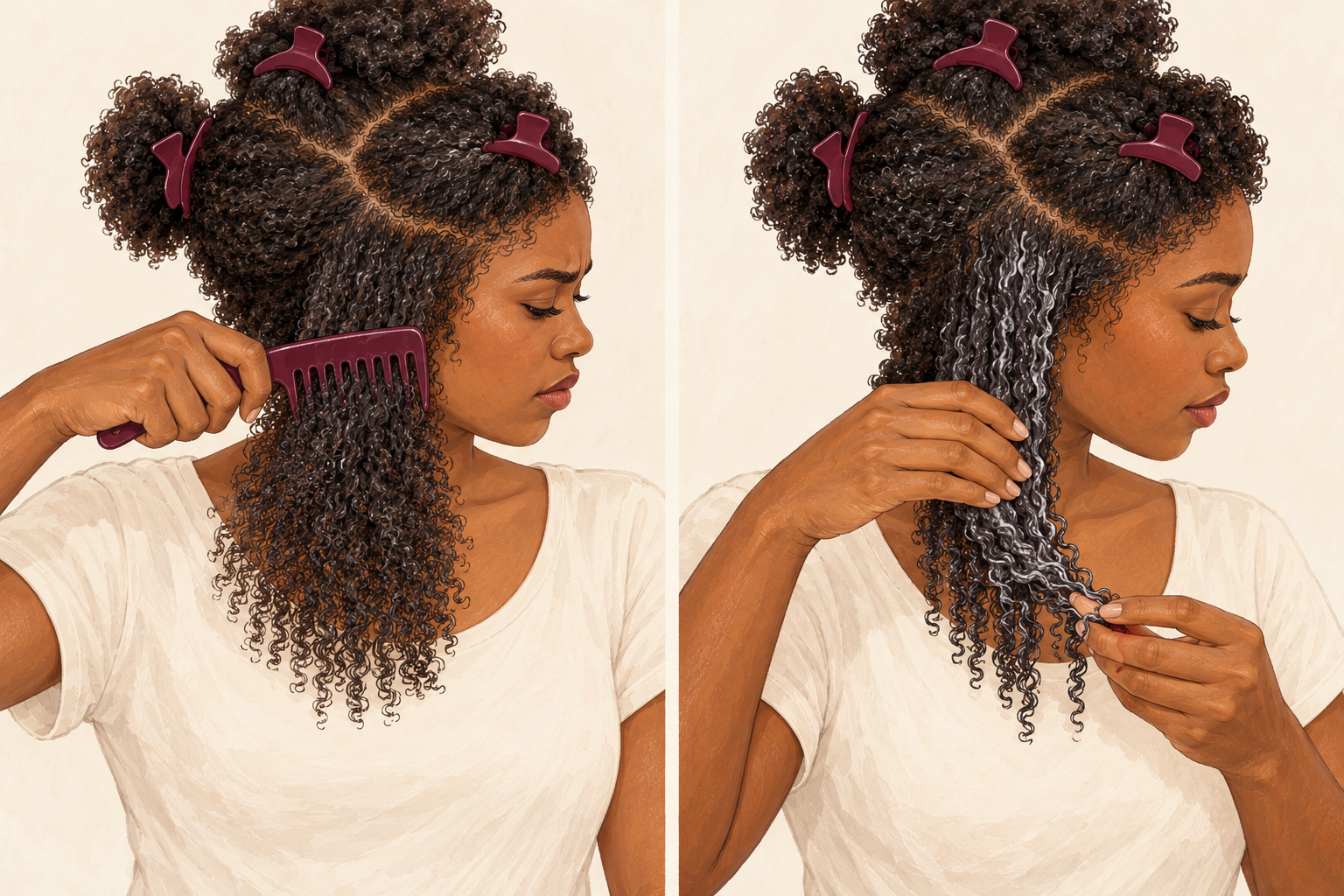 A side-by-side illustration contrasts rough root-first combing on dry hair with gentle finger detangling at the ends of damp hair.