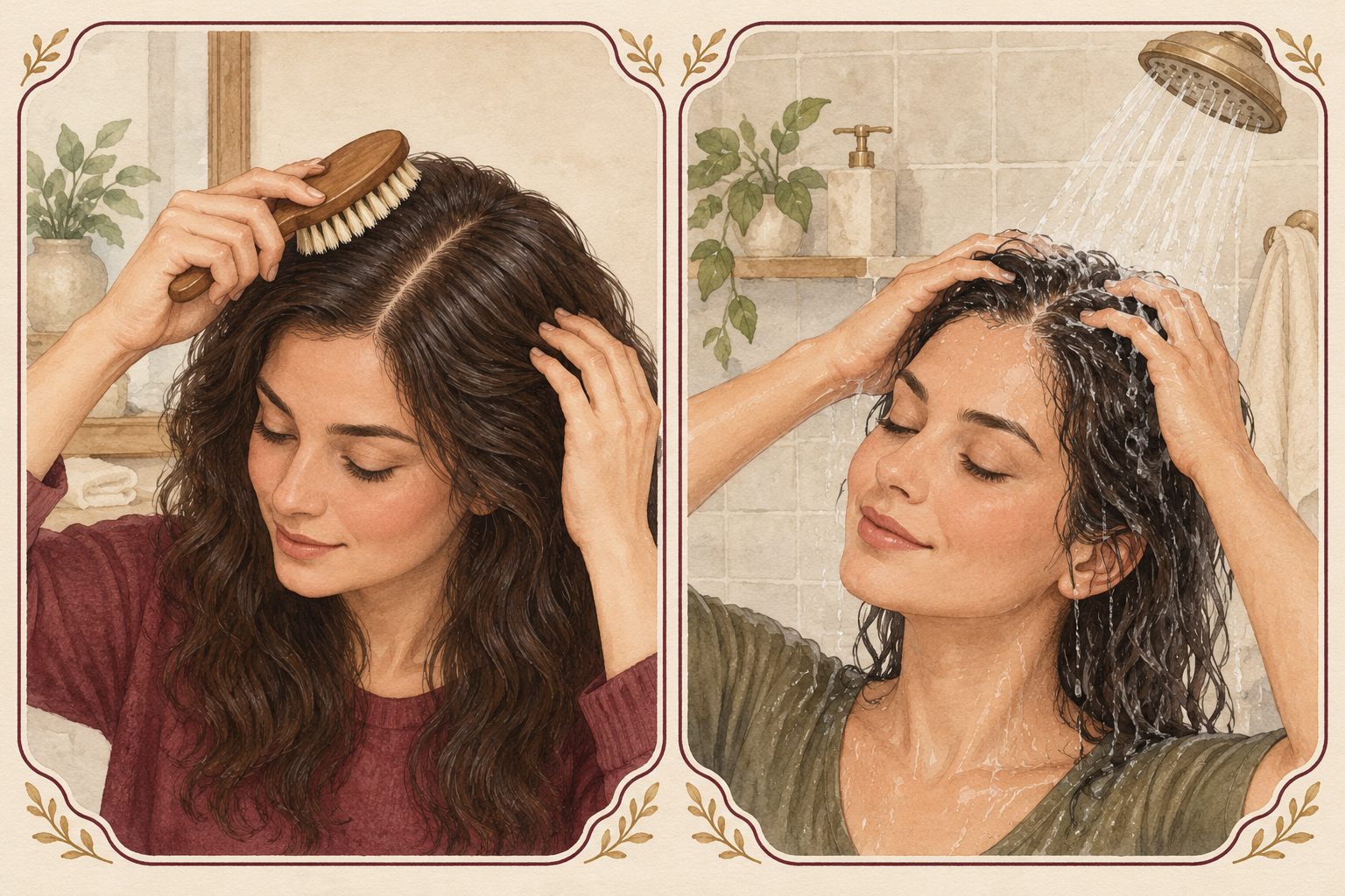 A soft brush moves gently through dry parted hair, followed by fingertip pads massaging the wet scalp.