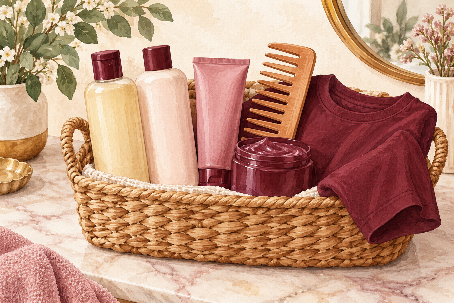 Six simple curl-care items sit together in a basket.