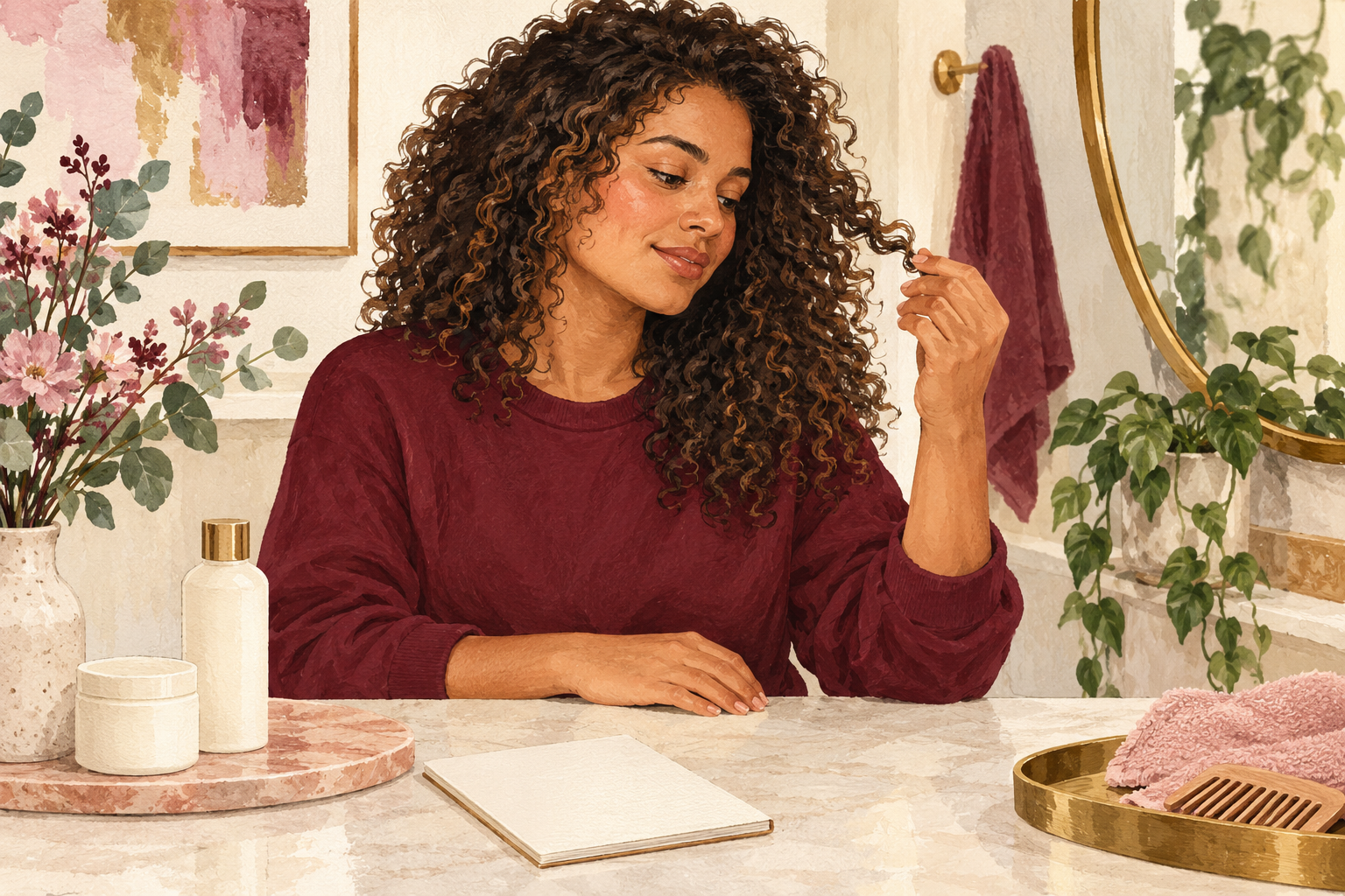 A woman studies her curl ends beside one blank note.