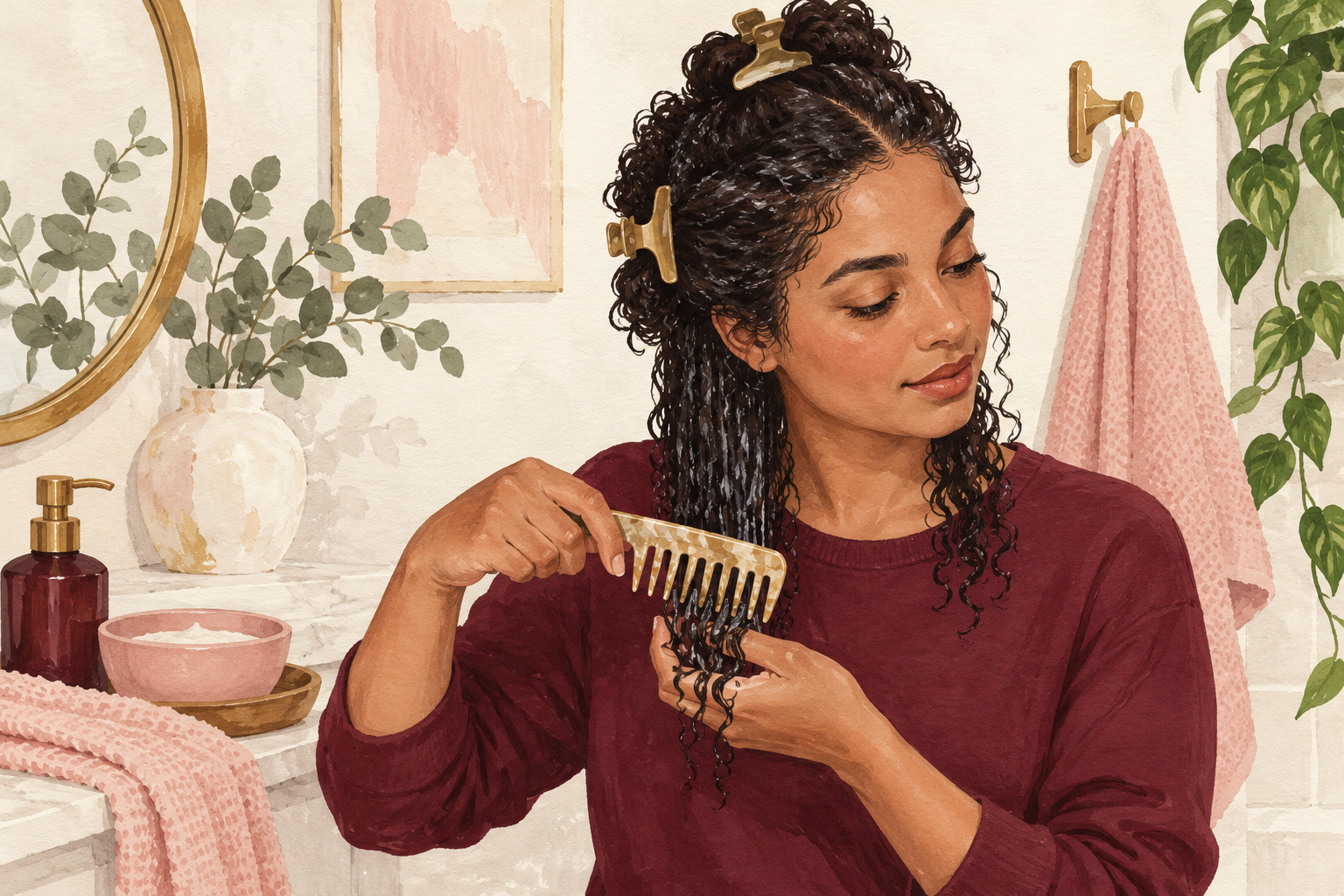 A wide-tooth comb moves through conditioned curl ends.