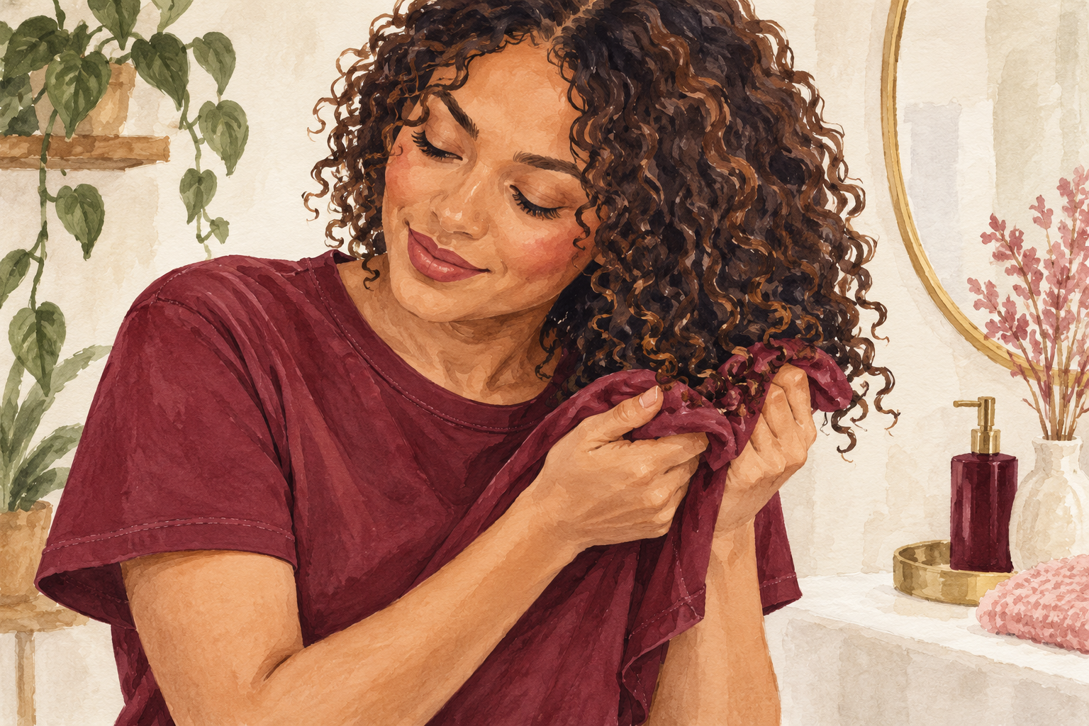 A woman gently presses attached curl ends with soft fabric.