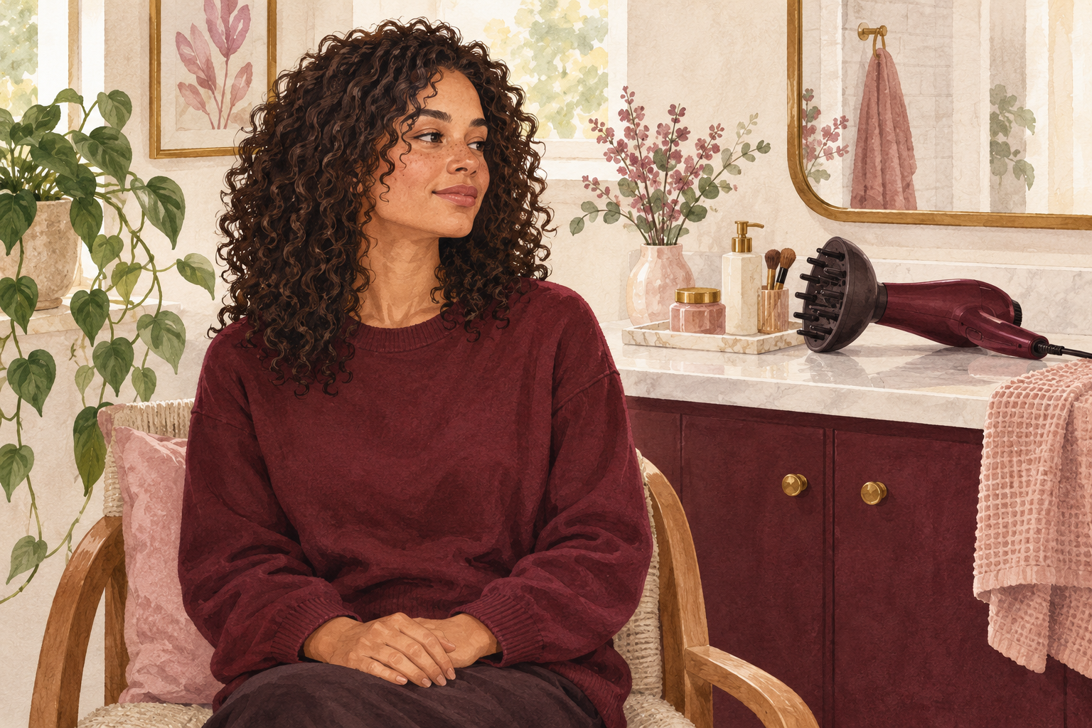 A woman lets her curls air-dry with her hands resting.