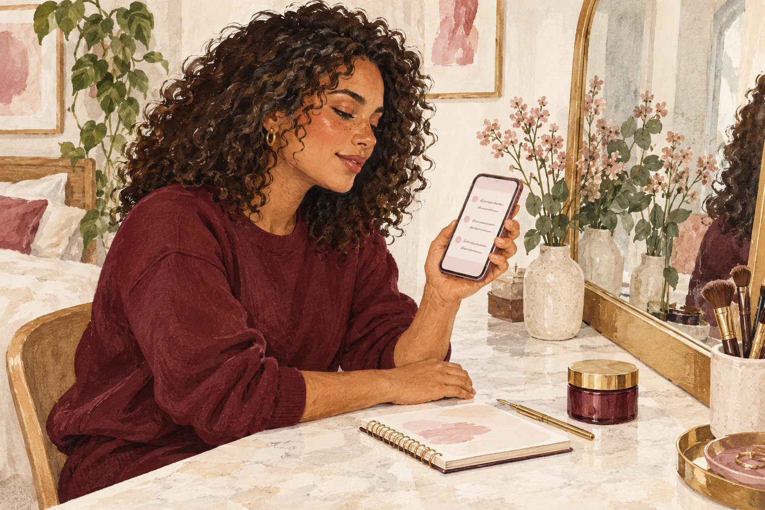 A woman checks a phone beside a notebook and one capped curl product.