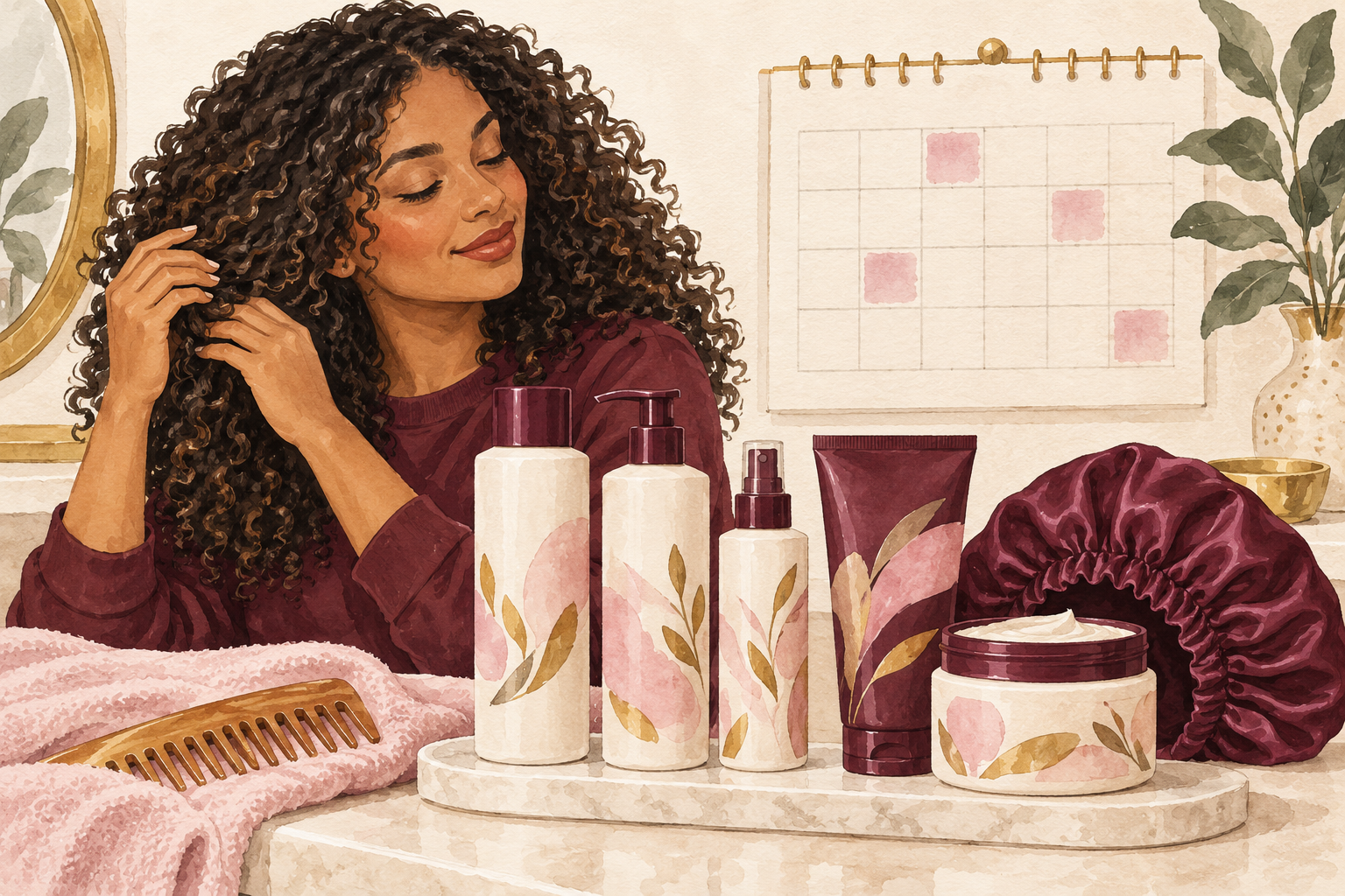 A curl kit sits beside a calendar with four highlighted squares.