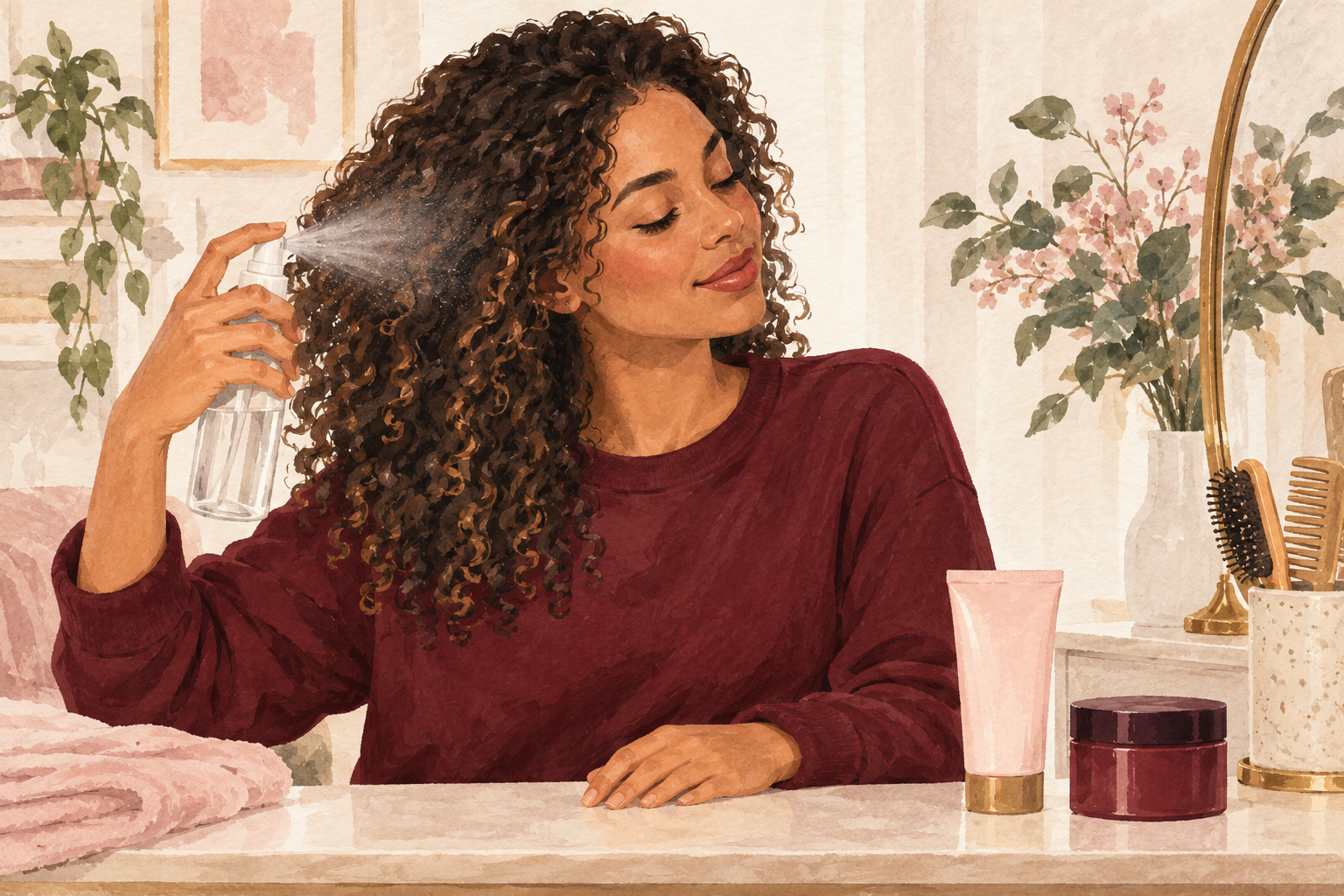 A light water mist refreshes attached curls.