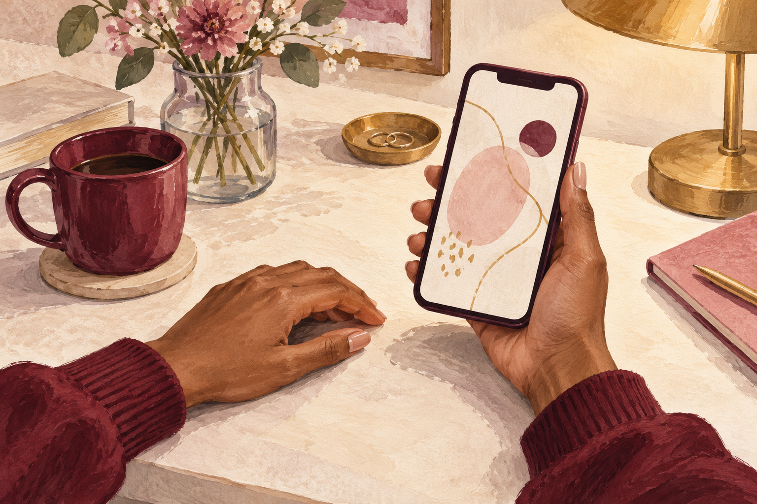 A phone is held beside a resting hand with bare nails.