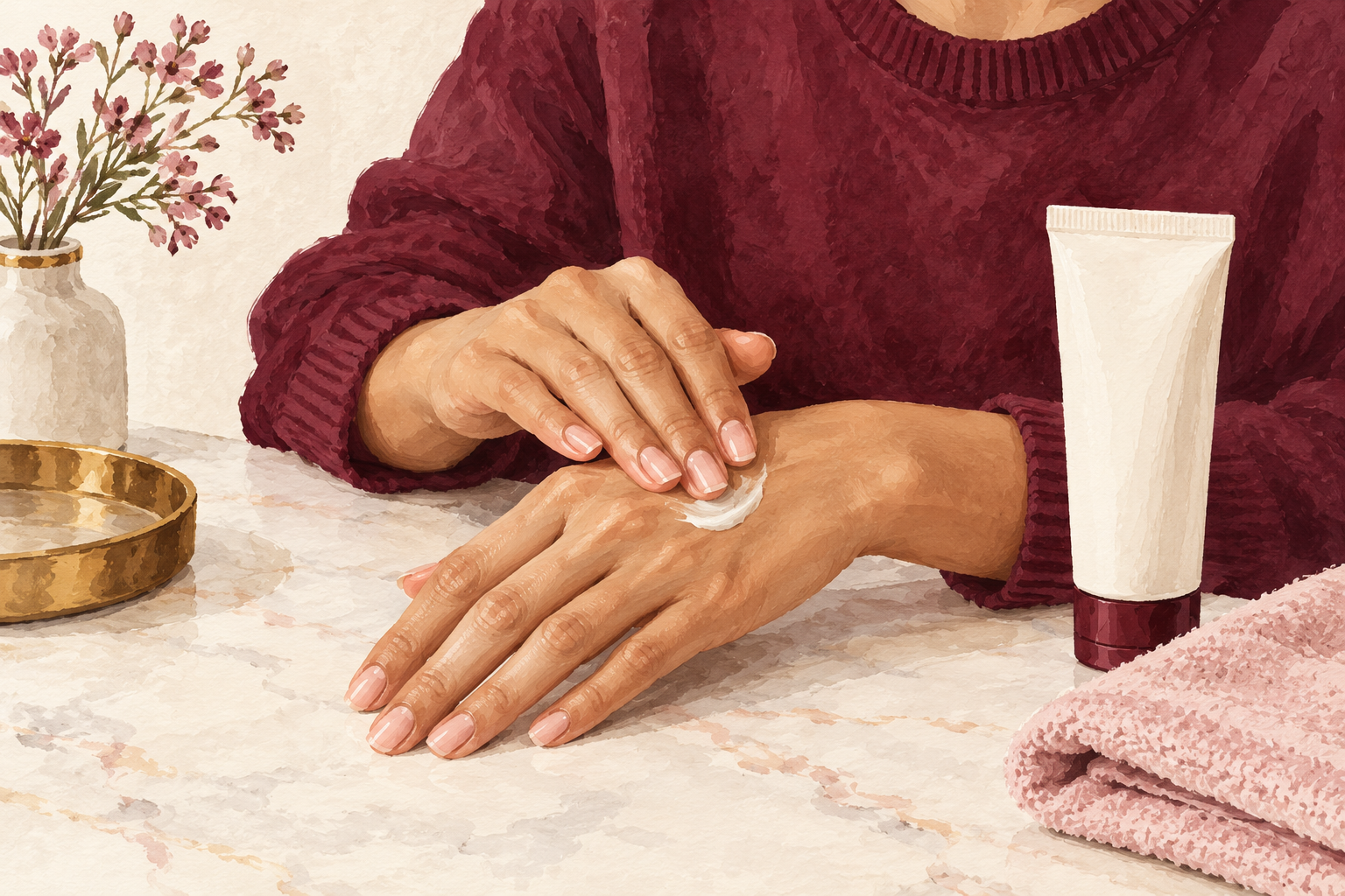 Hands gently spread a small amount of plain cream.