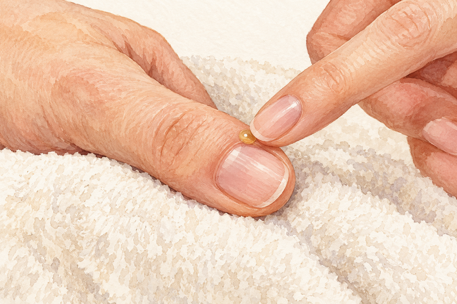 A fingertip massages oil around a bare nail base.