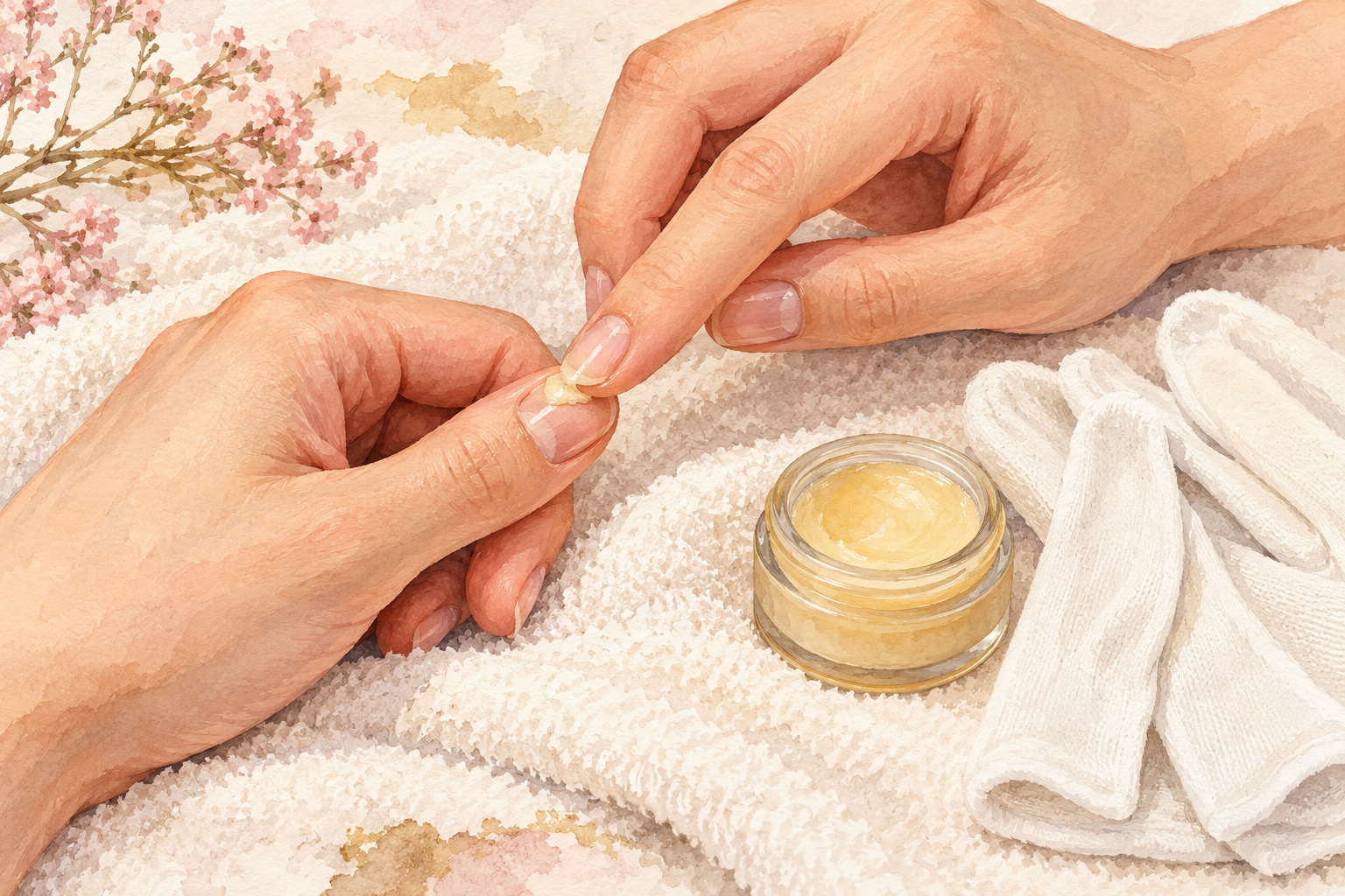 A balm jar and cotton gloves sit beside a bare hand.