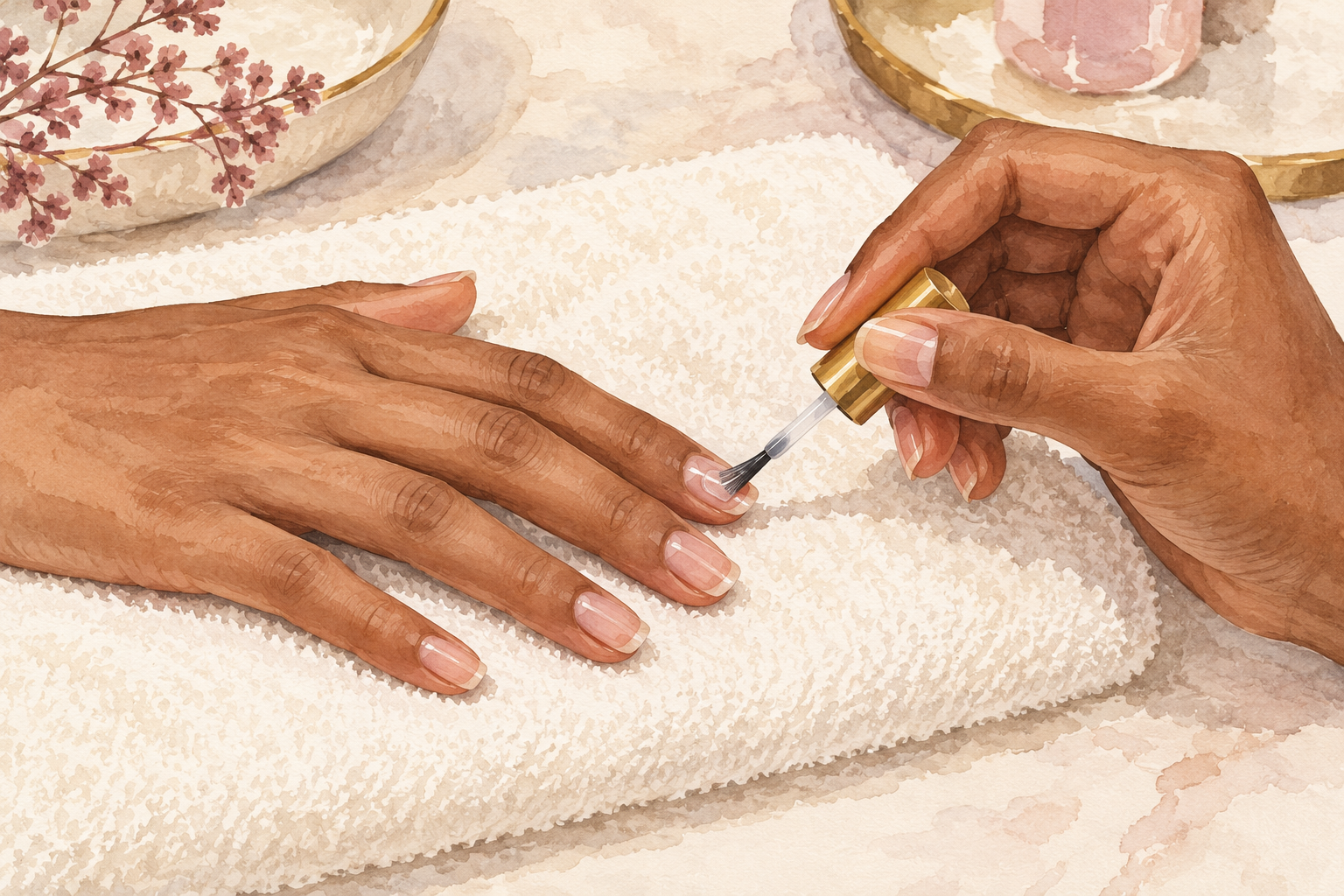 A brush lays a thin base coat within a bare nail.