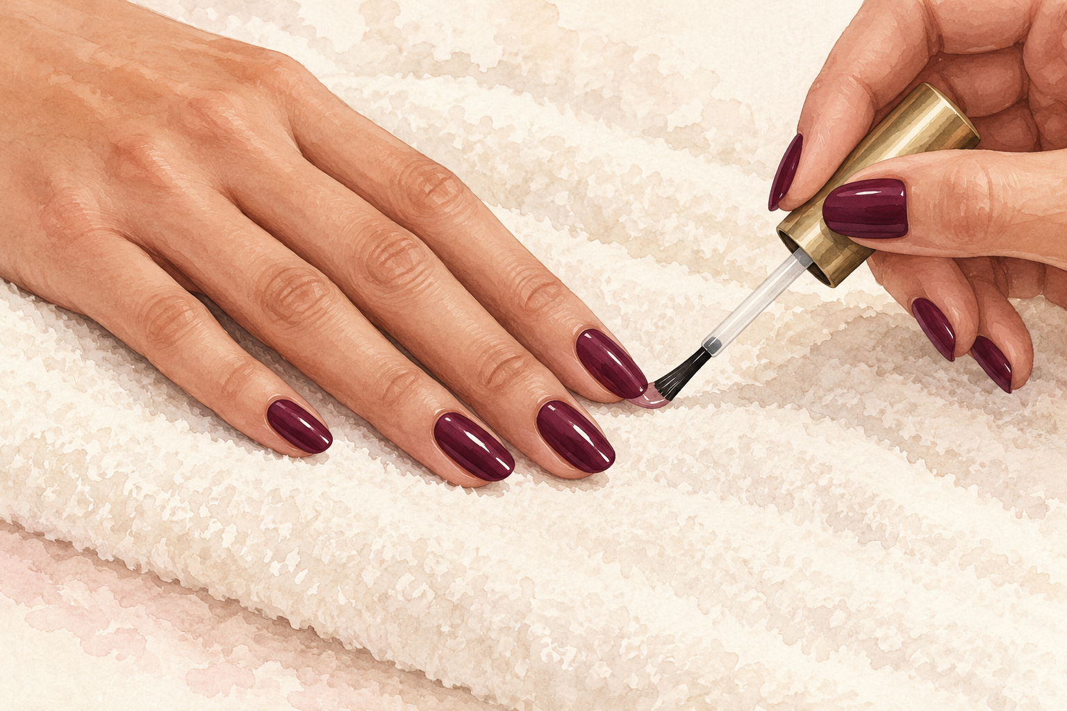 A top-coat brush lightly caps the free tip of a polished nail.