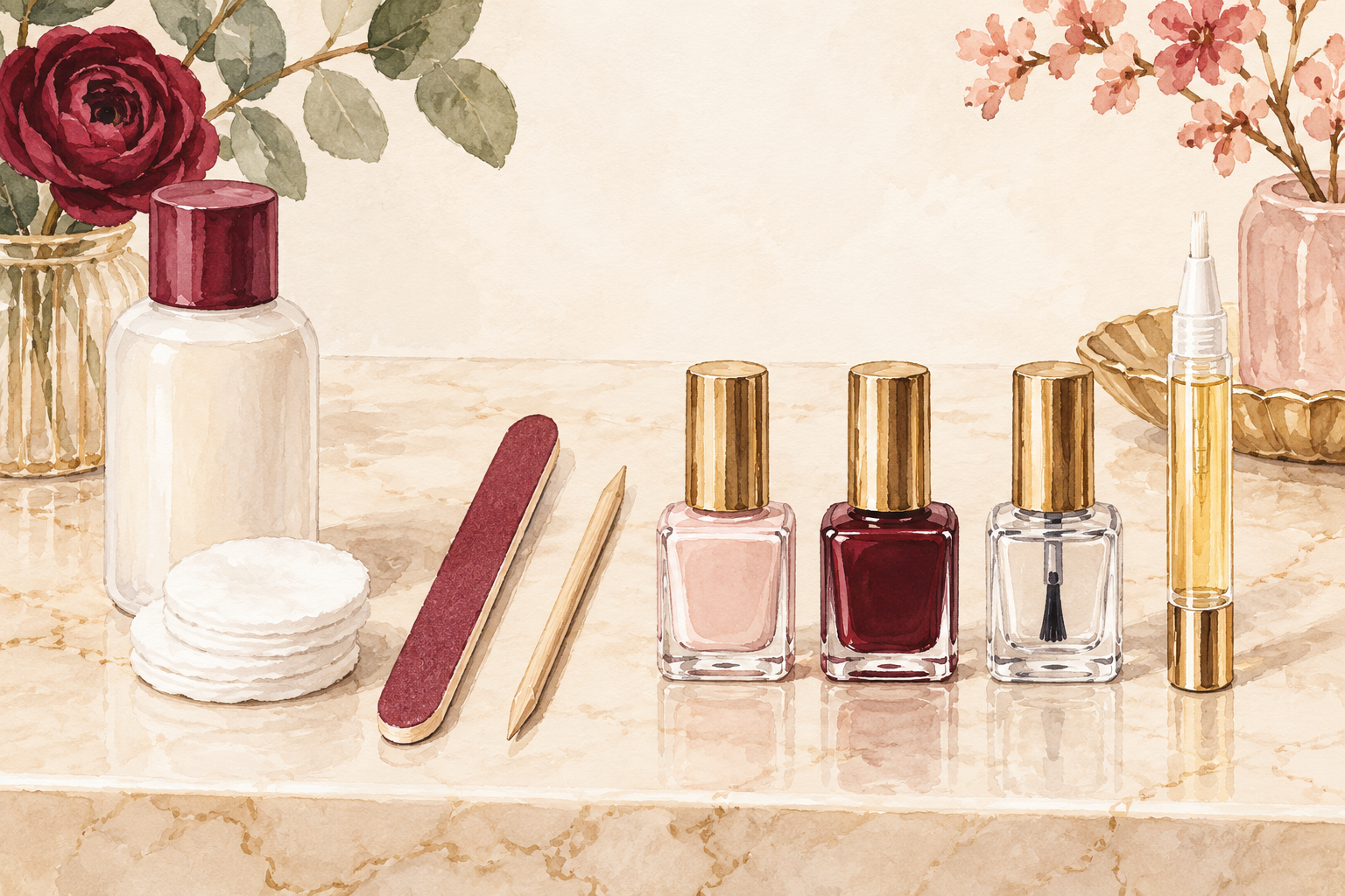 Manicure tools and plain bottles are arranged in order.