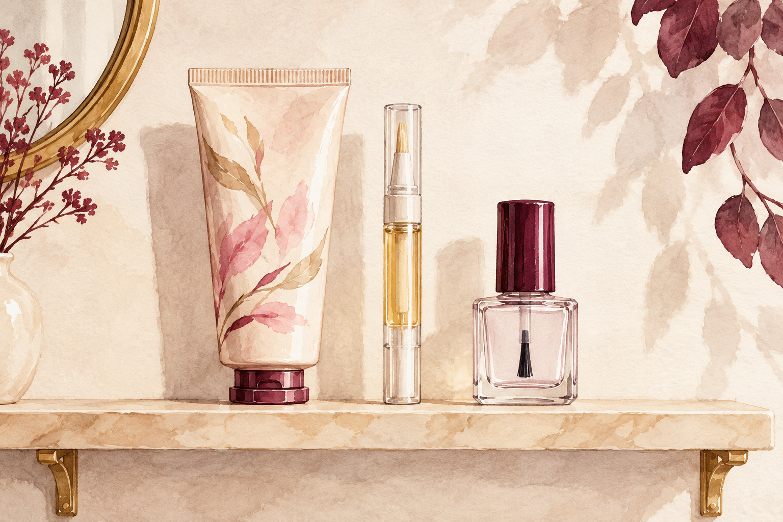 Three simple care products sit on a tidy shelf.