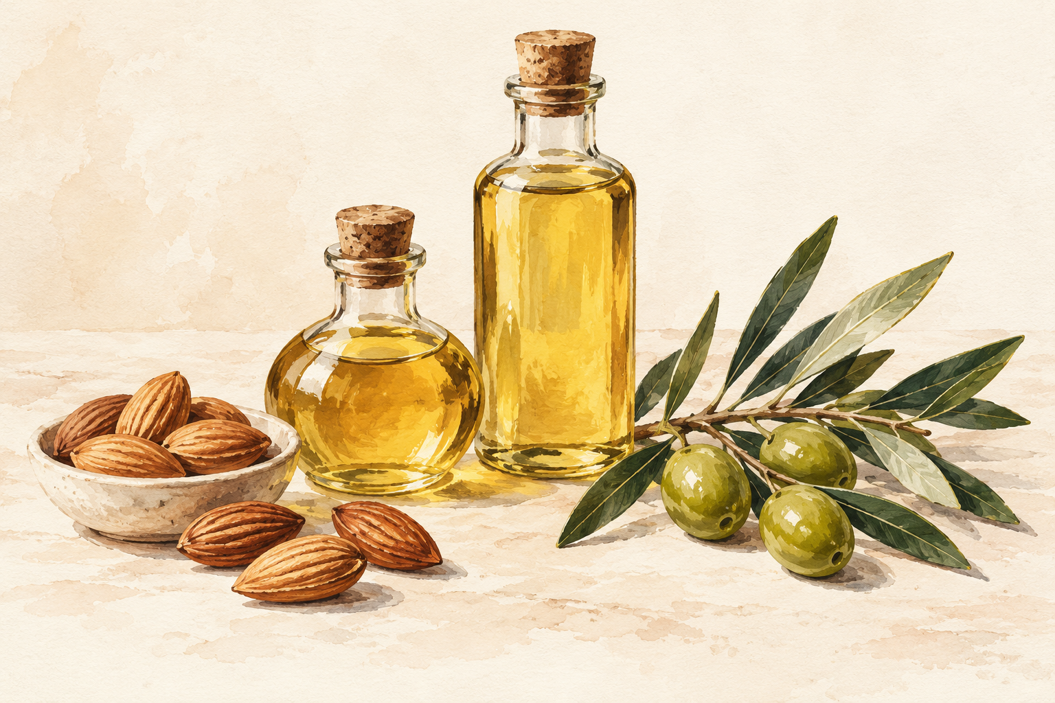 Two small oil bottles sit beside olives and almonds.