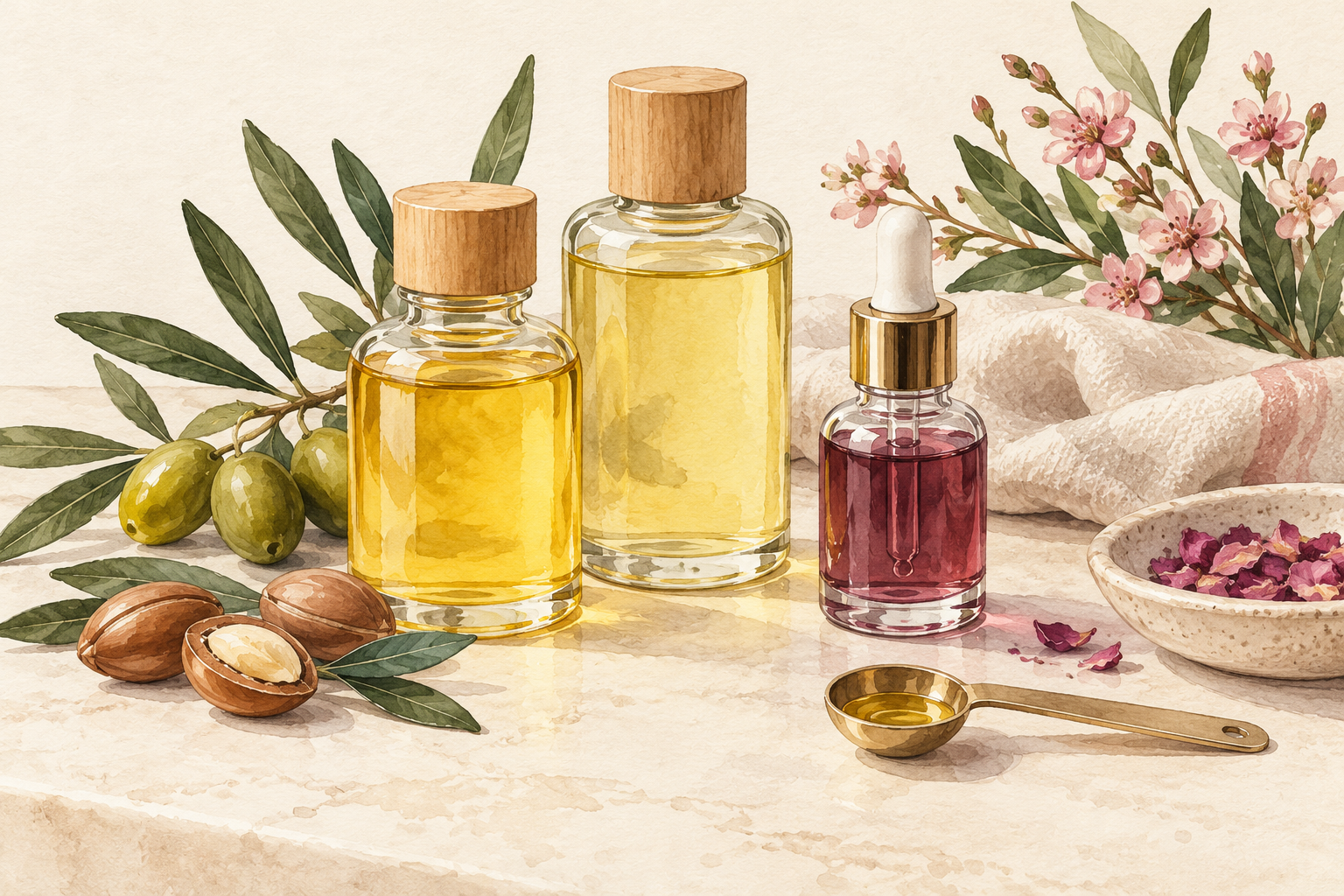 Plain oils and a small dropper bottle form a simple blending kit.