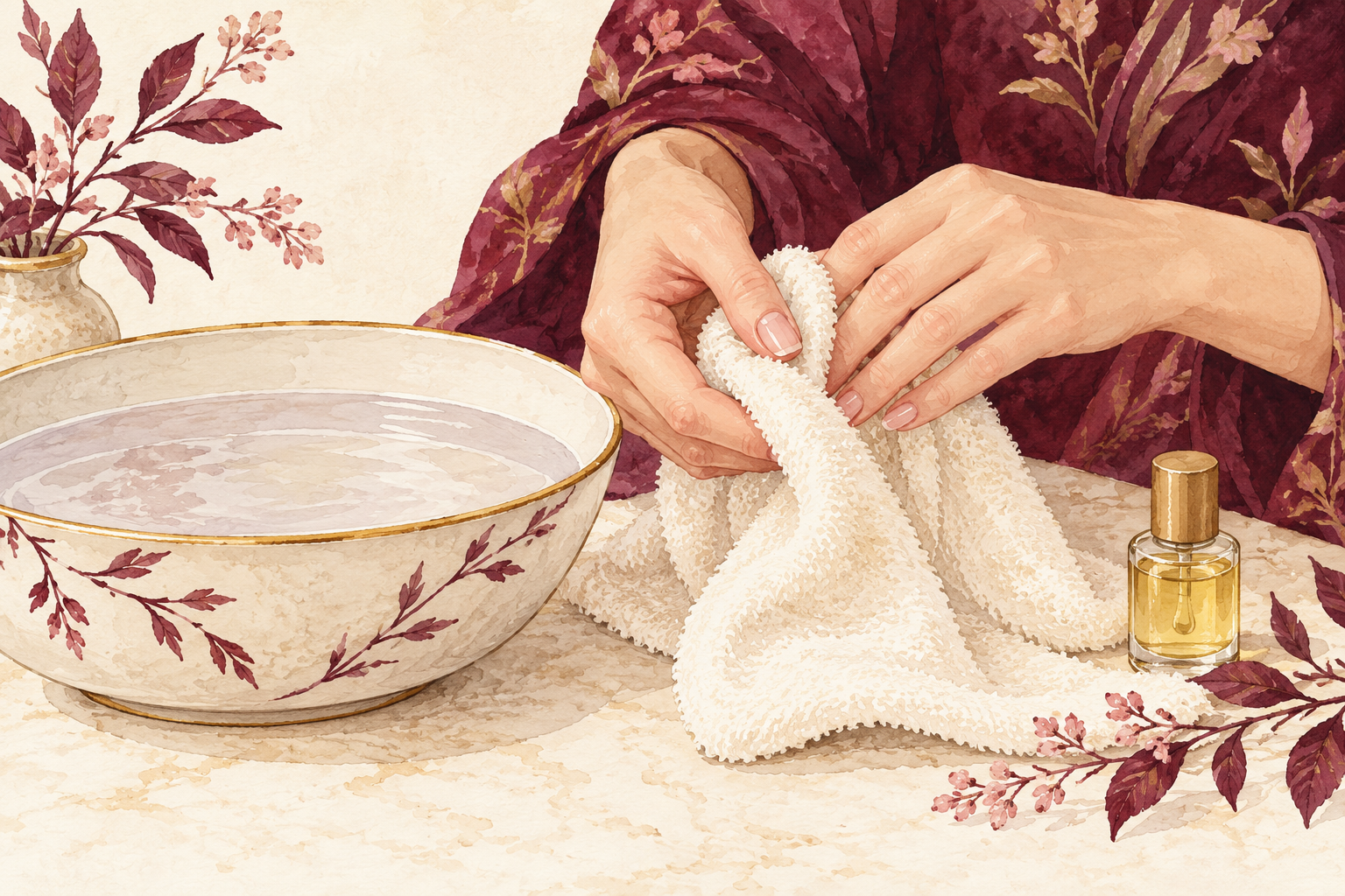 Fingertips are patted dry beside a shallow water bowl.