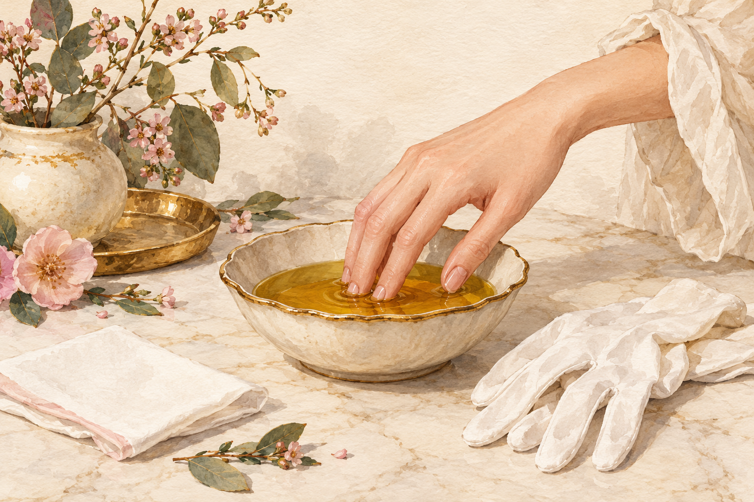 Fingertips rest in a shallow oil bowl beside a tissue.