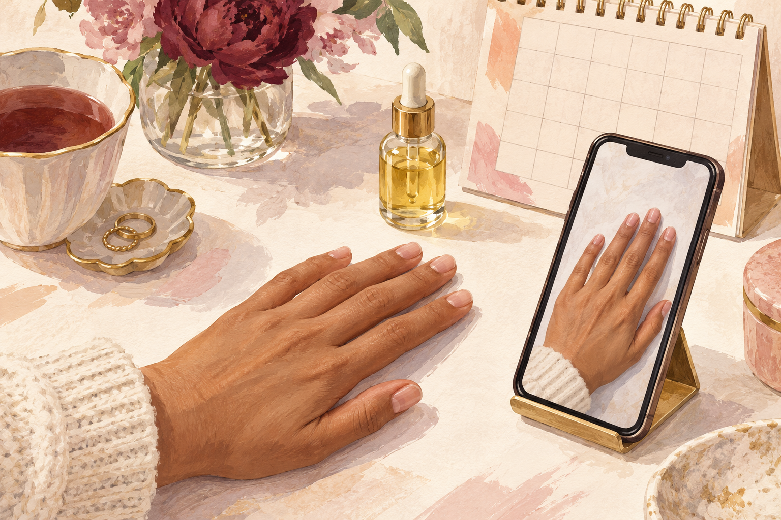 A short-nailed hand rests beside a phone showing a matching current nail photo.