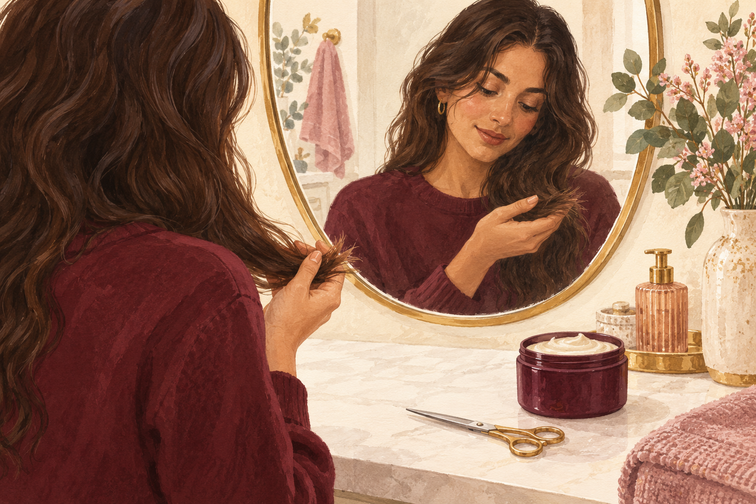 Hair ends are inspected beside a mask jar and closed scissors.