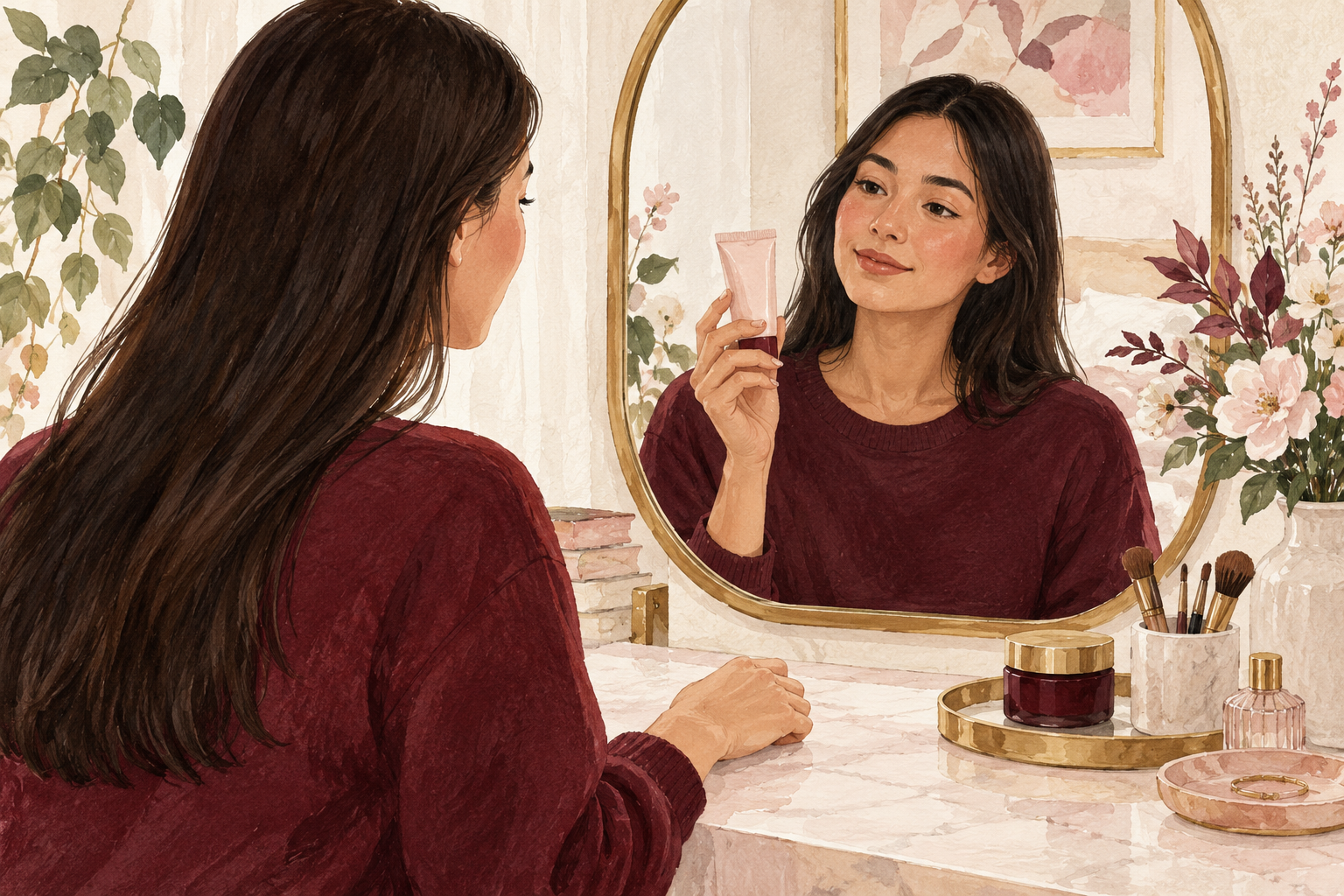 A woman considers a light mask for her fine hair.