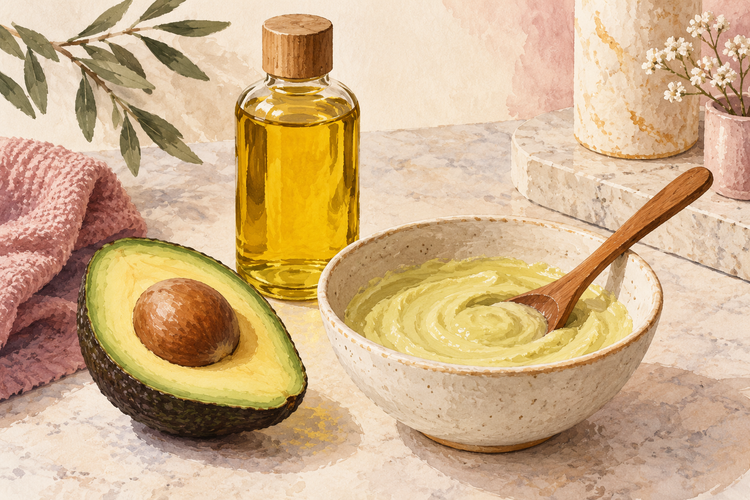 Avocado, oil and a small bowl sit on a dry counter.