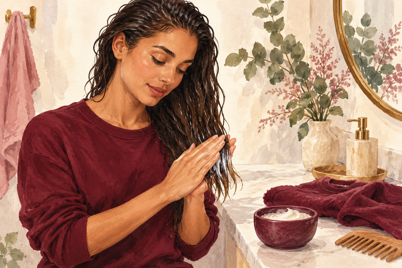 Palms smooth mask onto damp hair ends.
