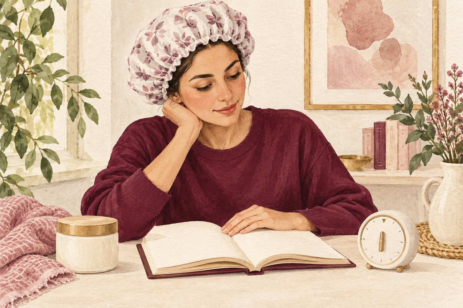 A woman in a loose shower cap reads beside a hair mask jar and blank timer.