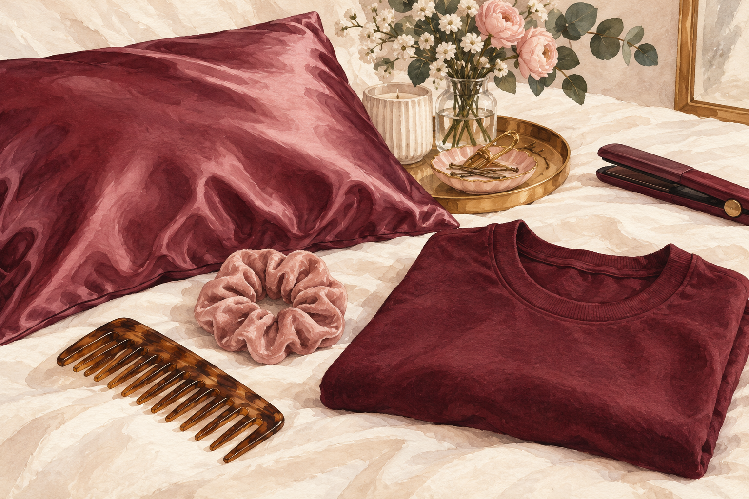 A closed flat iron rests beside a wide-tooth comb, scrunchie, satin and cotton fabric.
