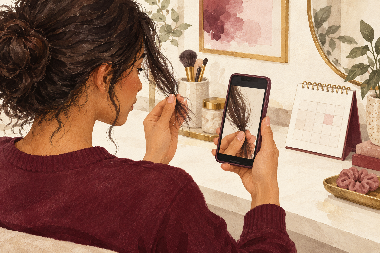 A phone records one current section of hair ends.