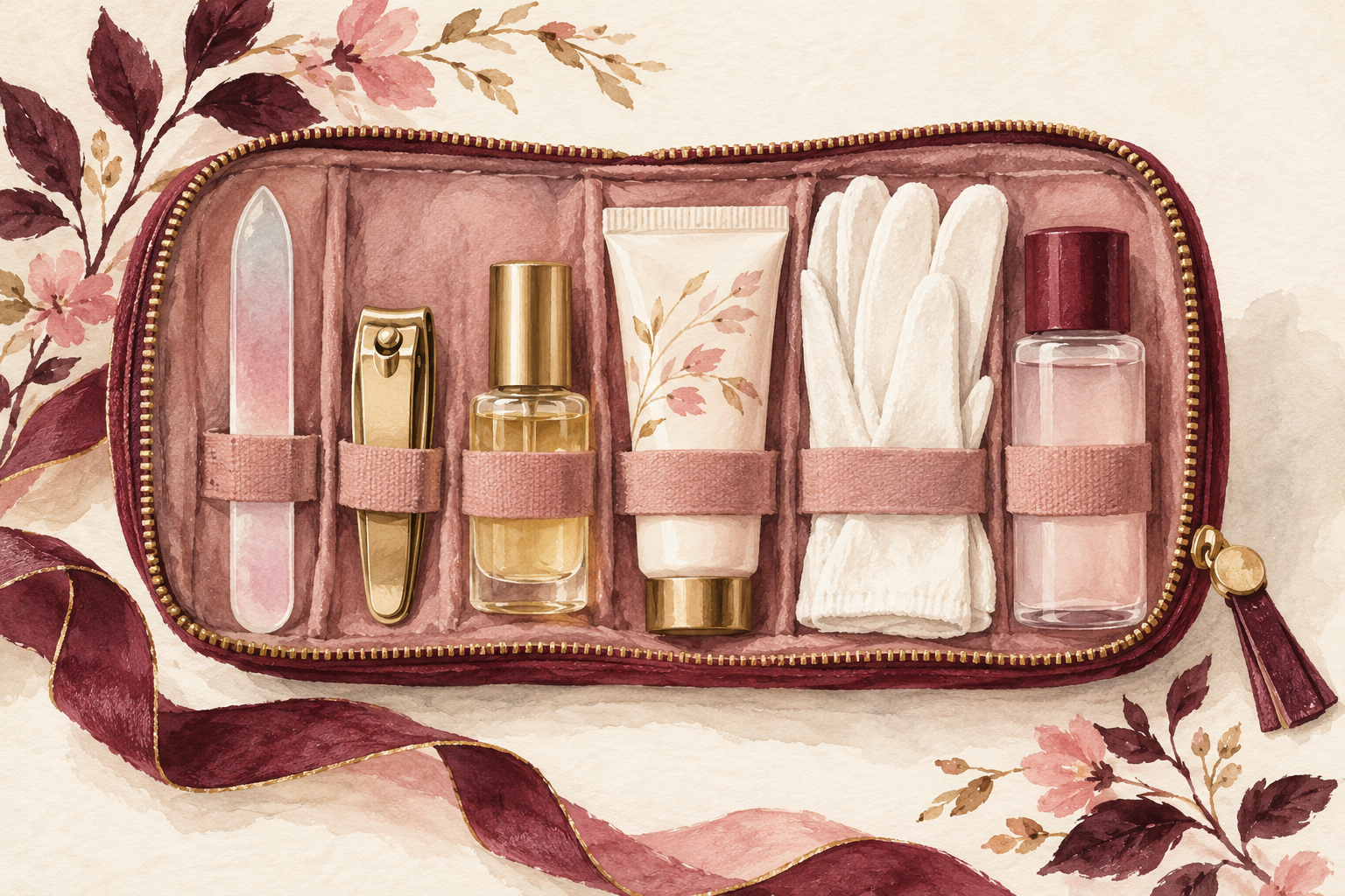 Six simple nail-care items sit in a pouch.